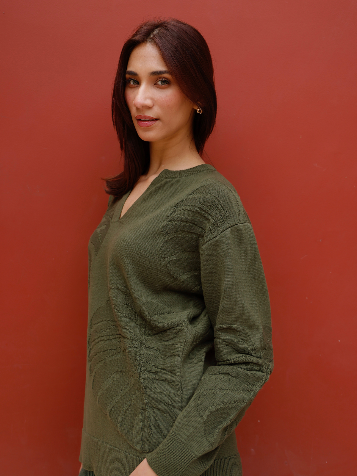 V Neck Jacquard Pullover in Forest Green