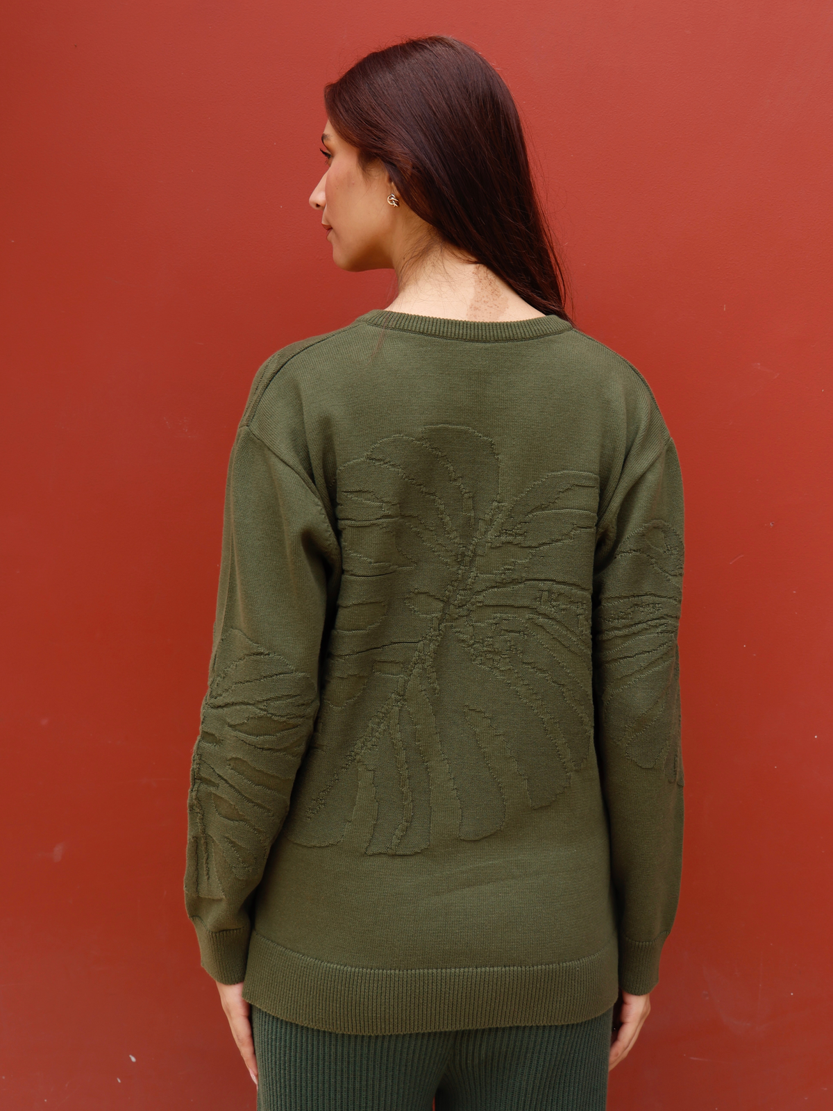 V Neck Jacquard Pullover in Forest Green