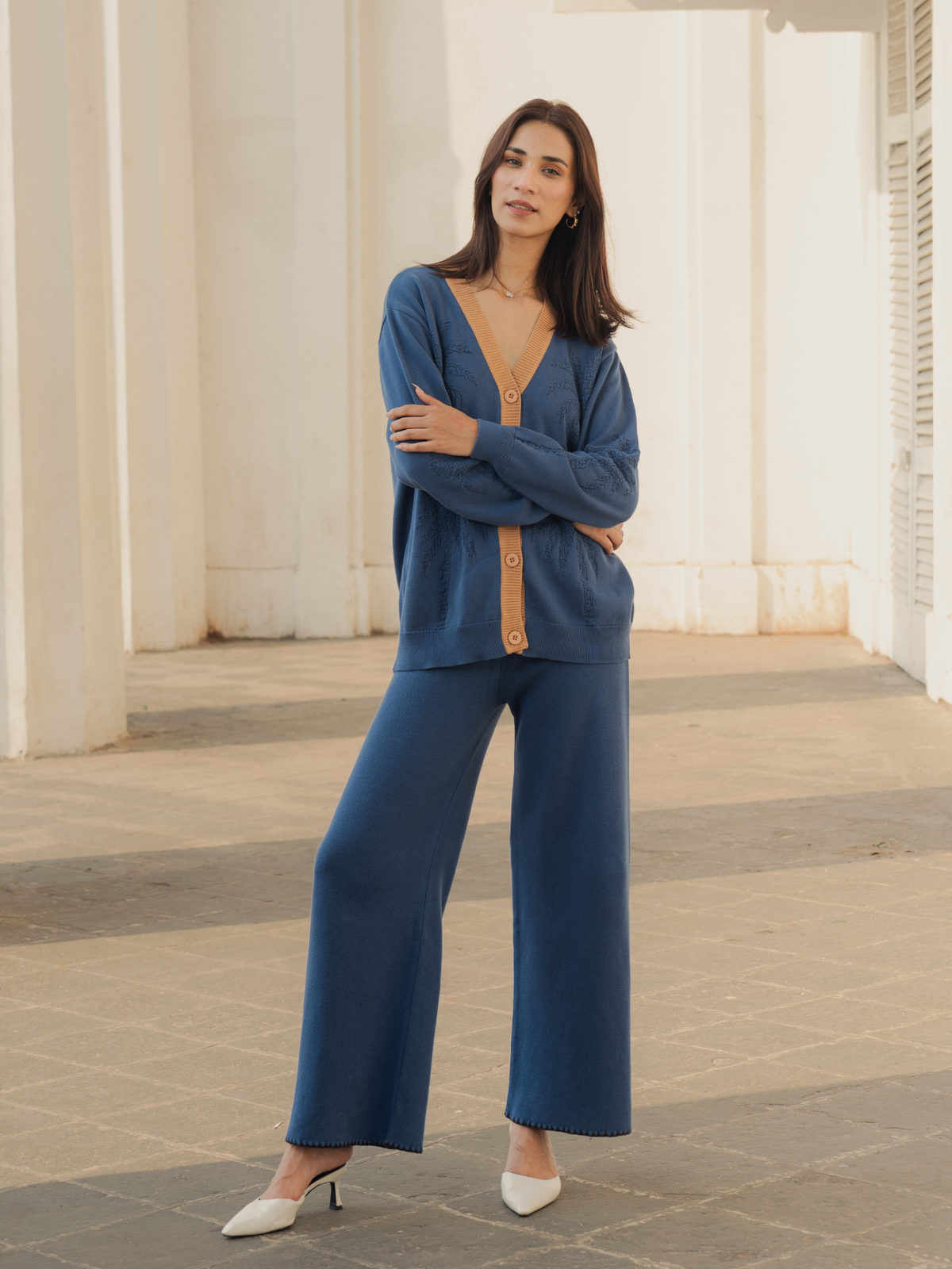 Jacquard Button Down Cardigan in Denim Blue