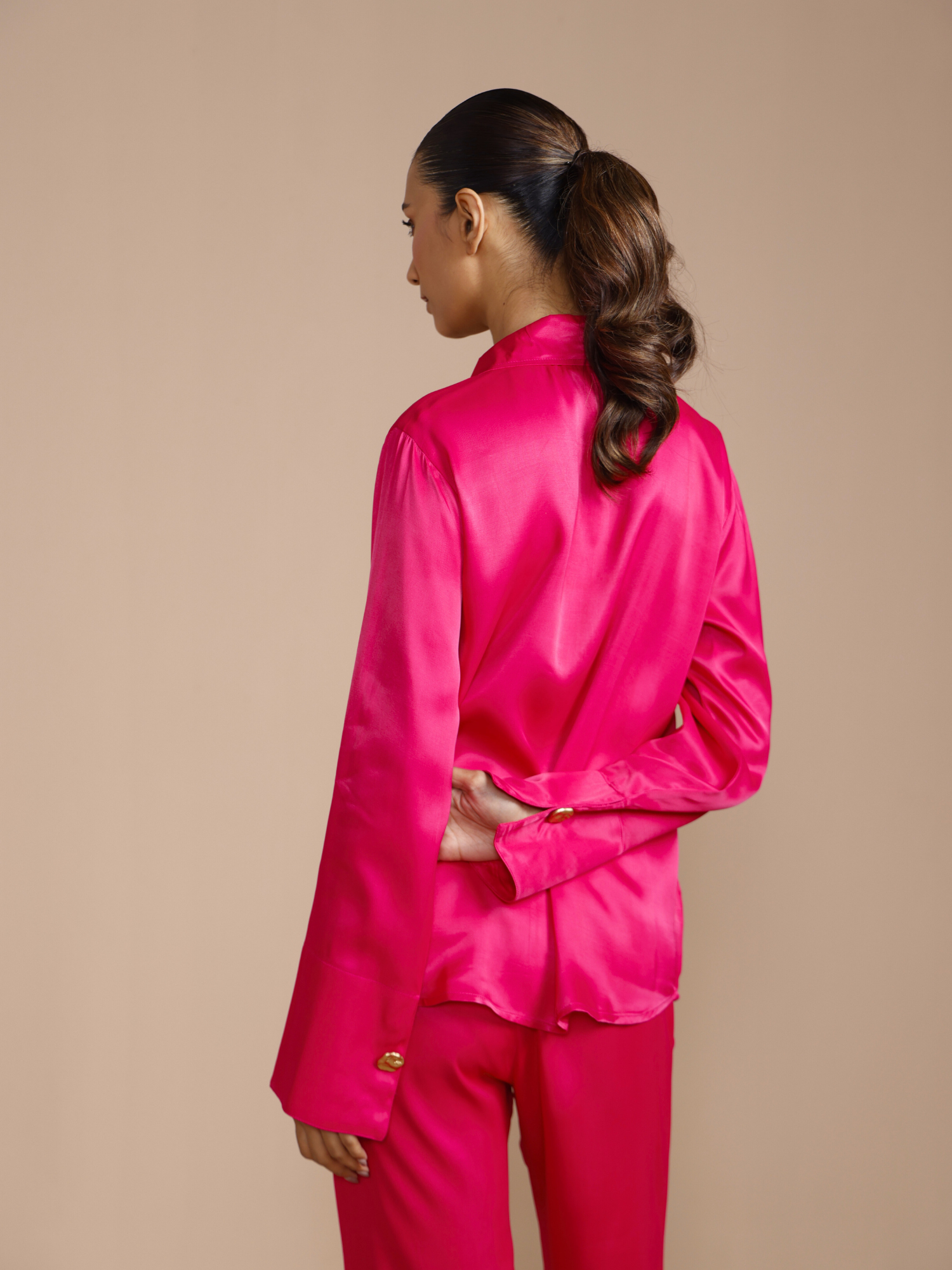 Button Embellished Satin Shirt in Rani Pink