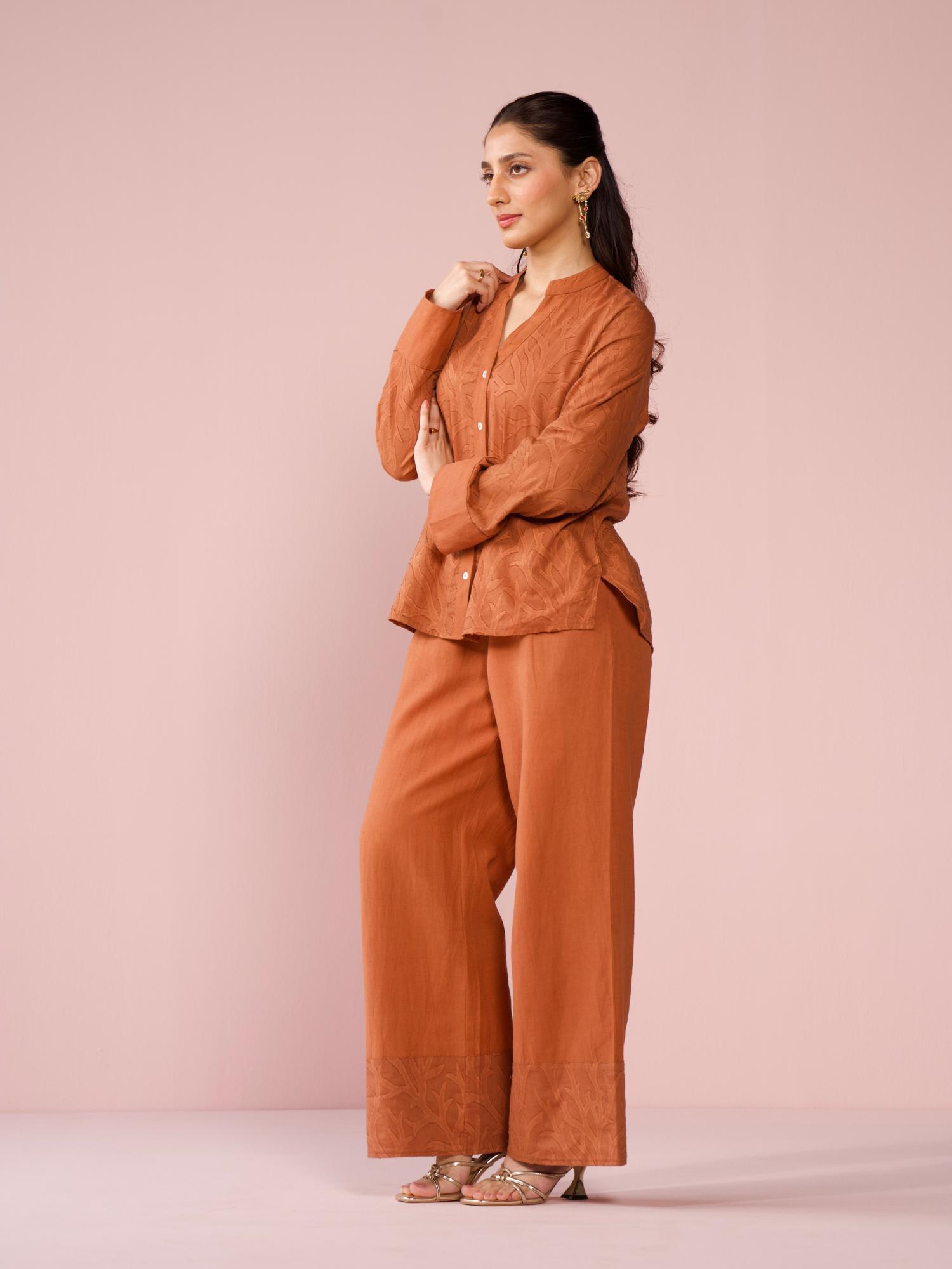 Seaside Linen Blend Jacquard Co-ord Set in Cocoa