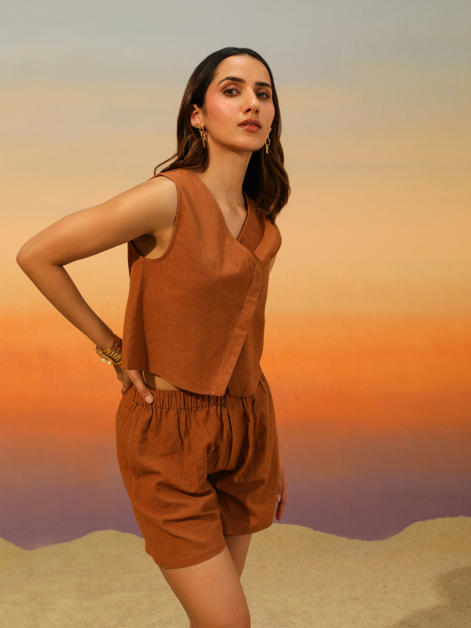 Sorbet Linen Co-ord Set with Shorts in Cocoa