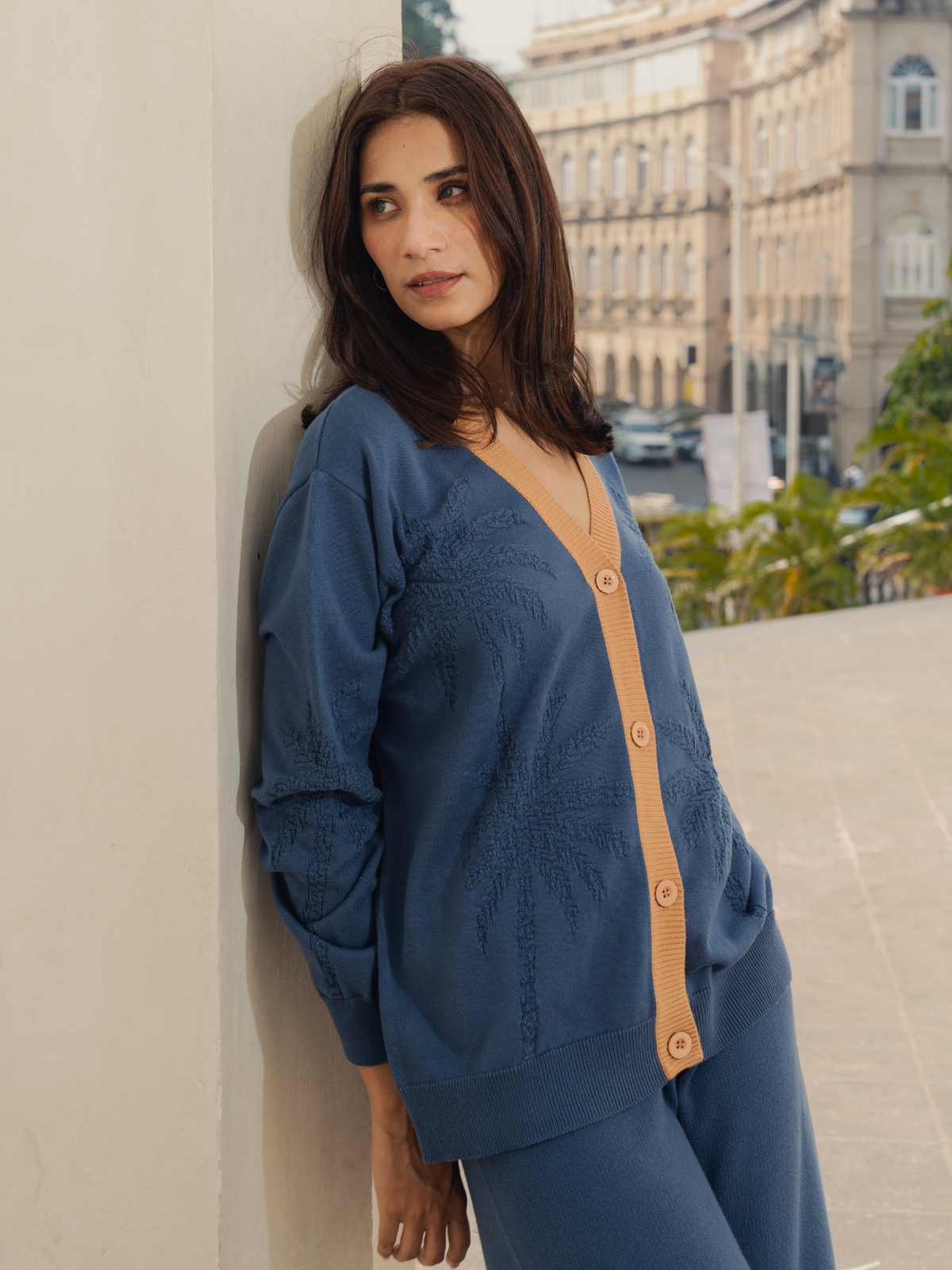 Jacquard Button Down Cardigan in Denim Blue