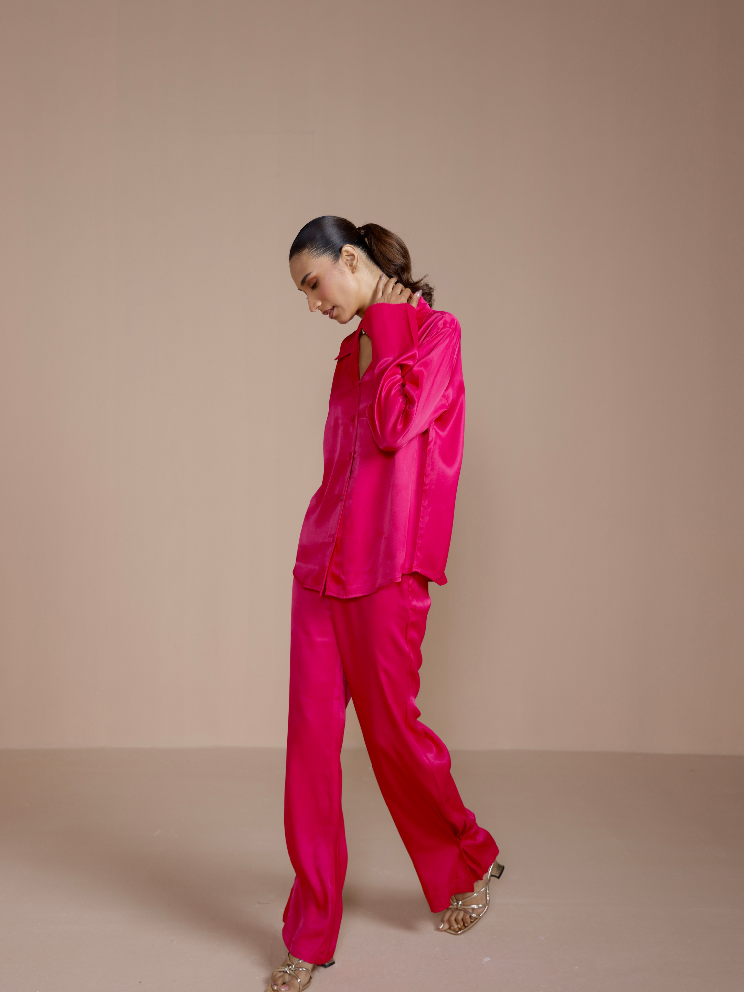 Button Embellished Satin Shirt with Pants in Rani Pink
