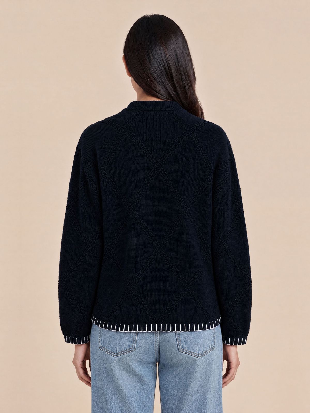 V Neck Pullover with Blanket Stitch in Navy Blue
