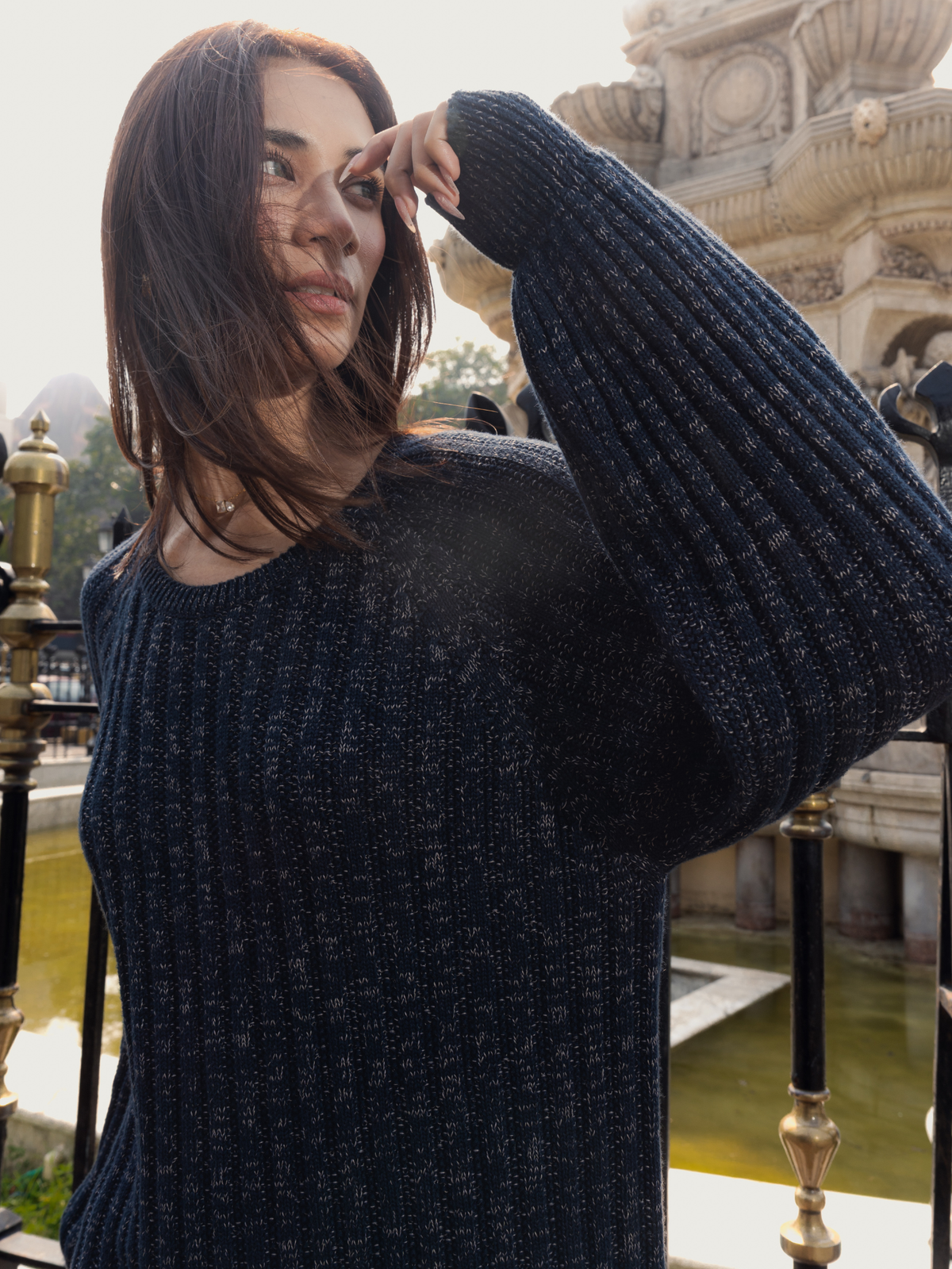 Round Neck Melange Knitted Dress in Navy Blue