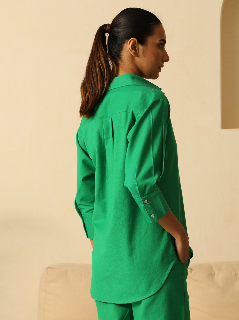 Linen Coord Set with Pants in Dark Green