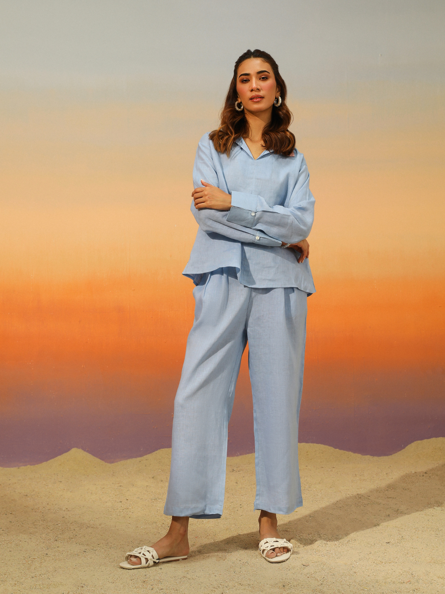 Barfi Pure Linen Co-ord Set in Powder Blue