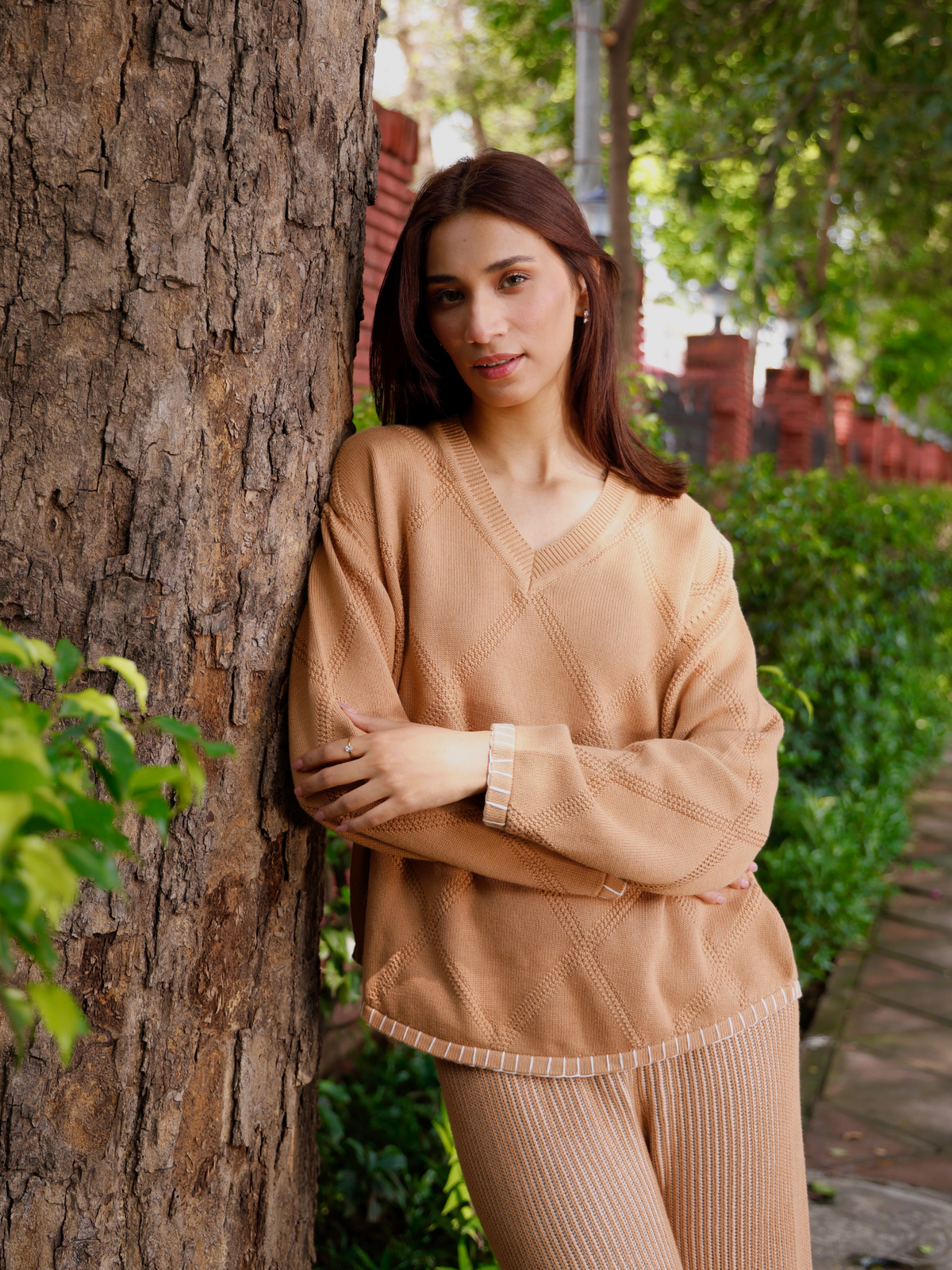 V Neck Pullover with Blanket Stitch in Mocha