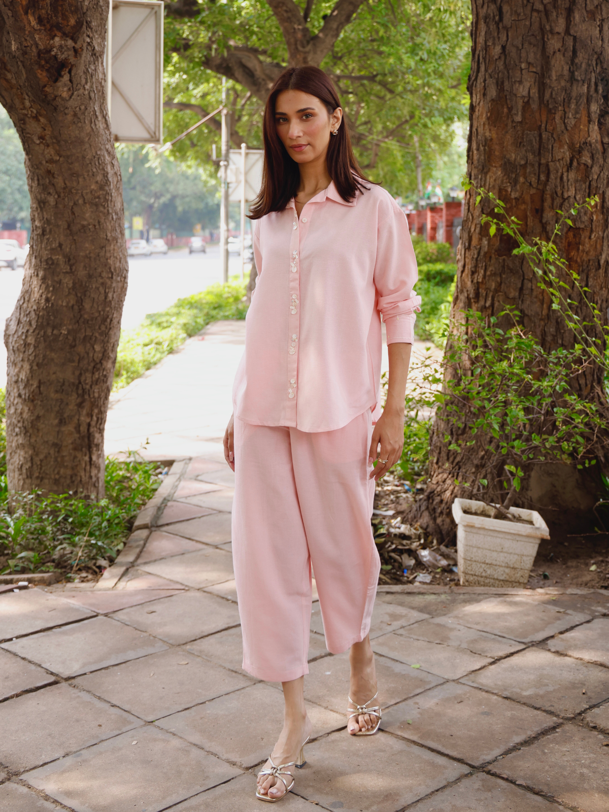 Embroidered Linen Blend Co-ord Set with Embellishments in Rose Pink