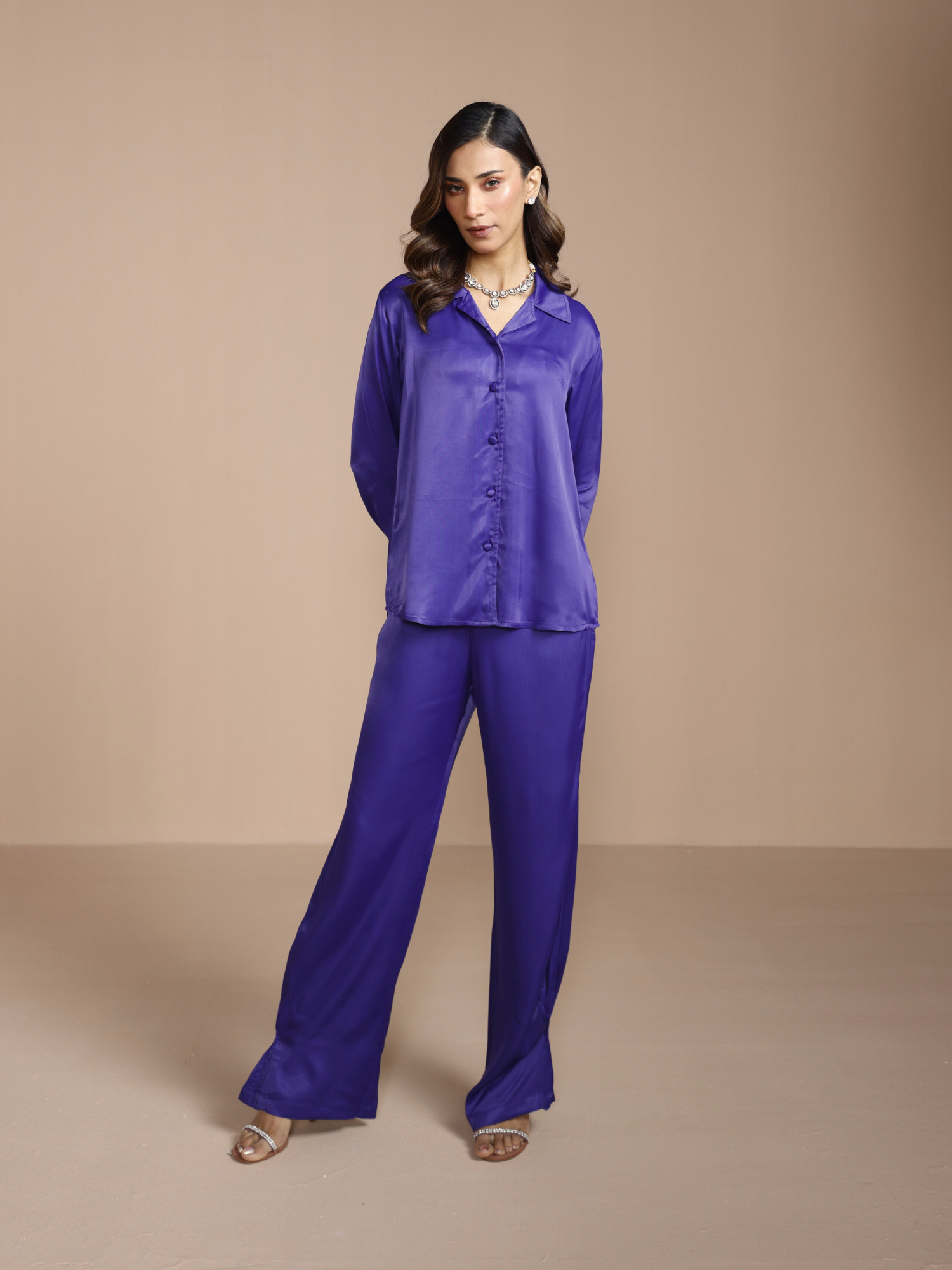 Button Embellished Satin Shirt in Mystic Blue