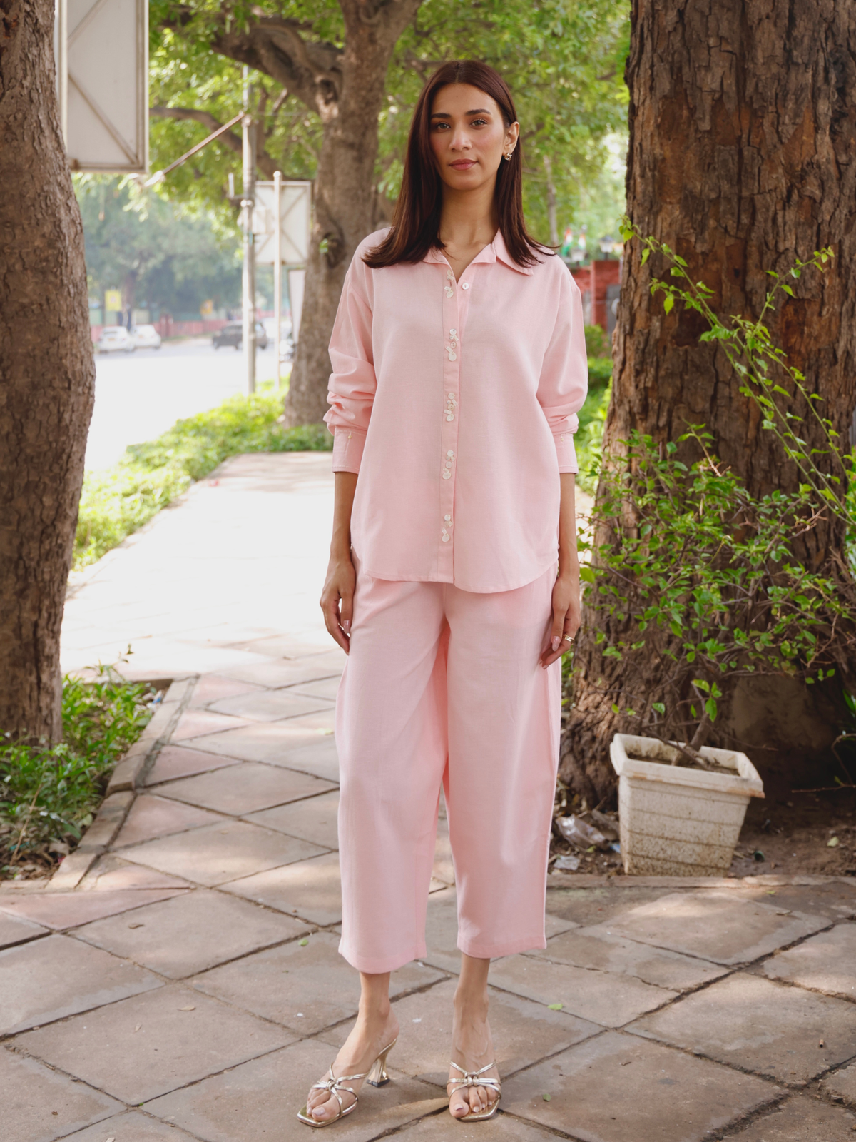 Embroidered Linen Blend Co-ord Set with Embellishments in Rose Pink