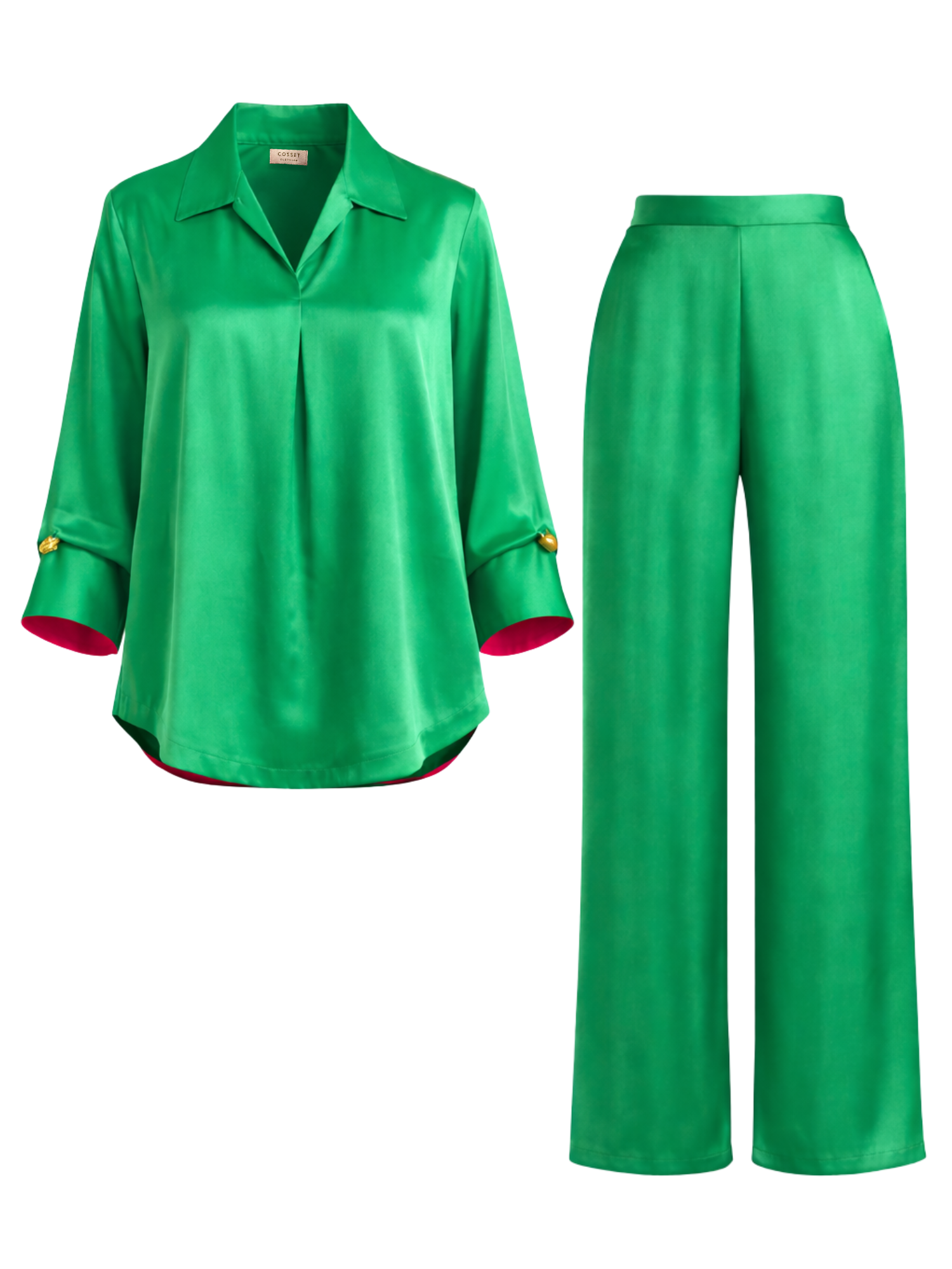 Satin Skipper Collar Top with Flowy Pants in Dark Green