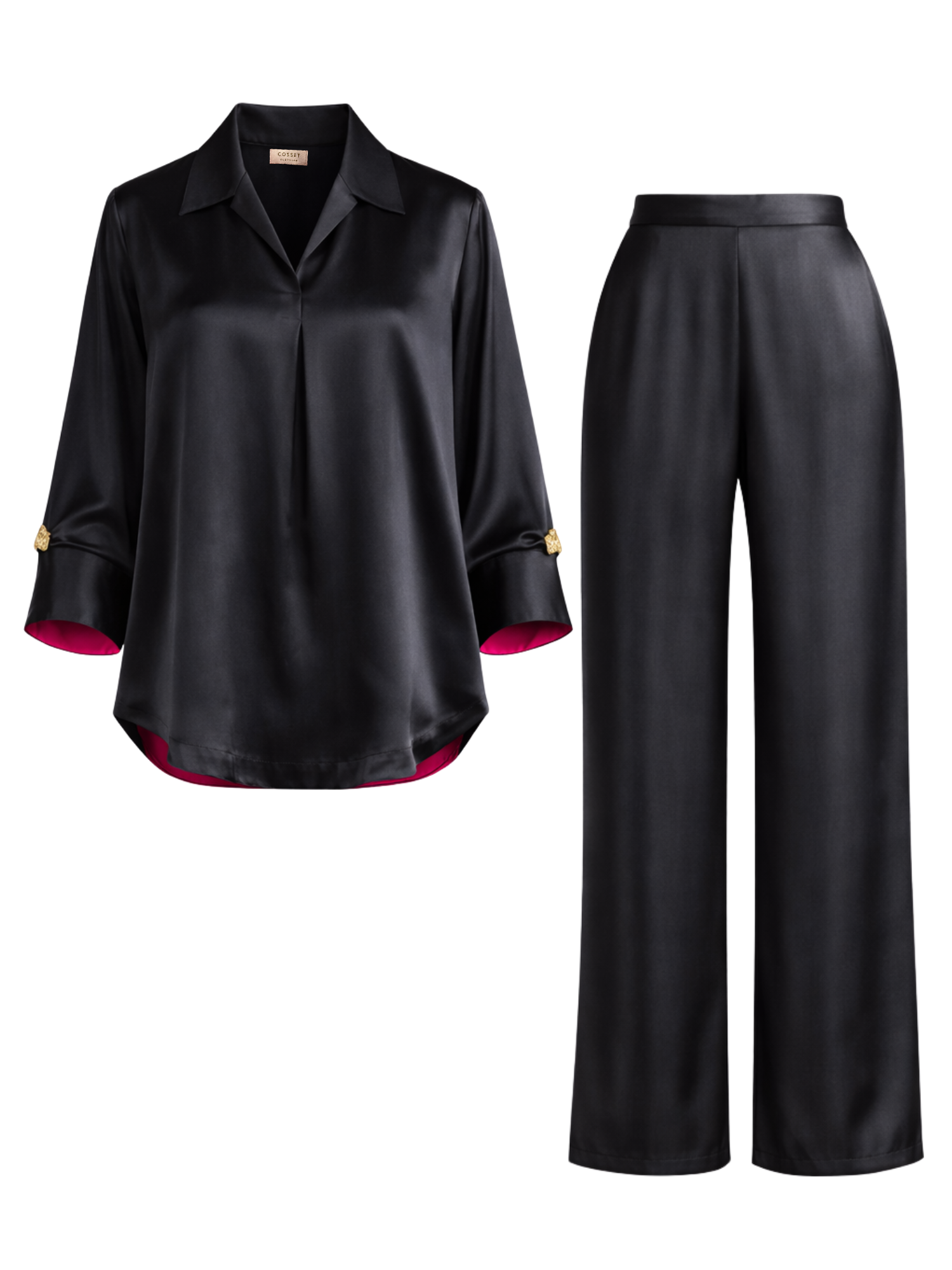 Satin Skipper Collar Top with Flowy Pants in Charcoal