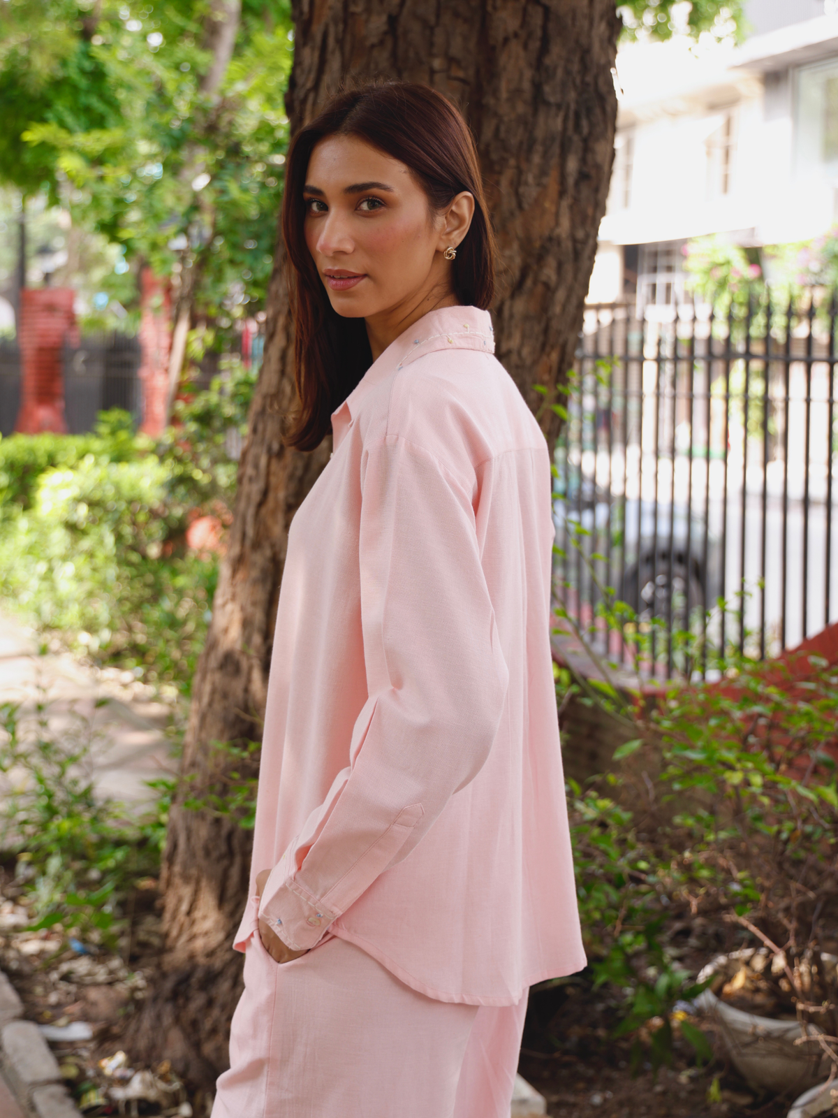 Embroidered Linen Blend Co-ord Set with Embellishments in Rose Pink