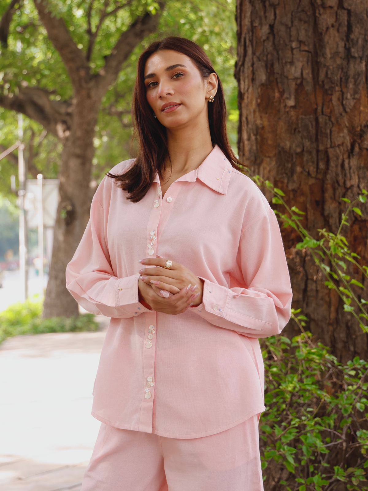 Embroidered Linen Blend Co-ord Set with Embellishments in Rose Pink