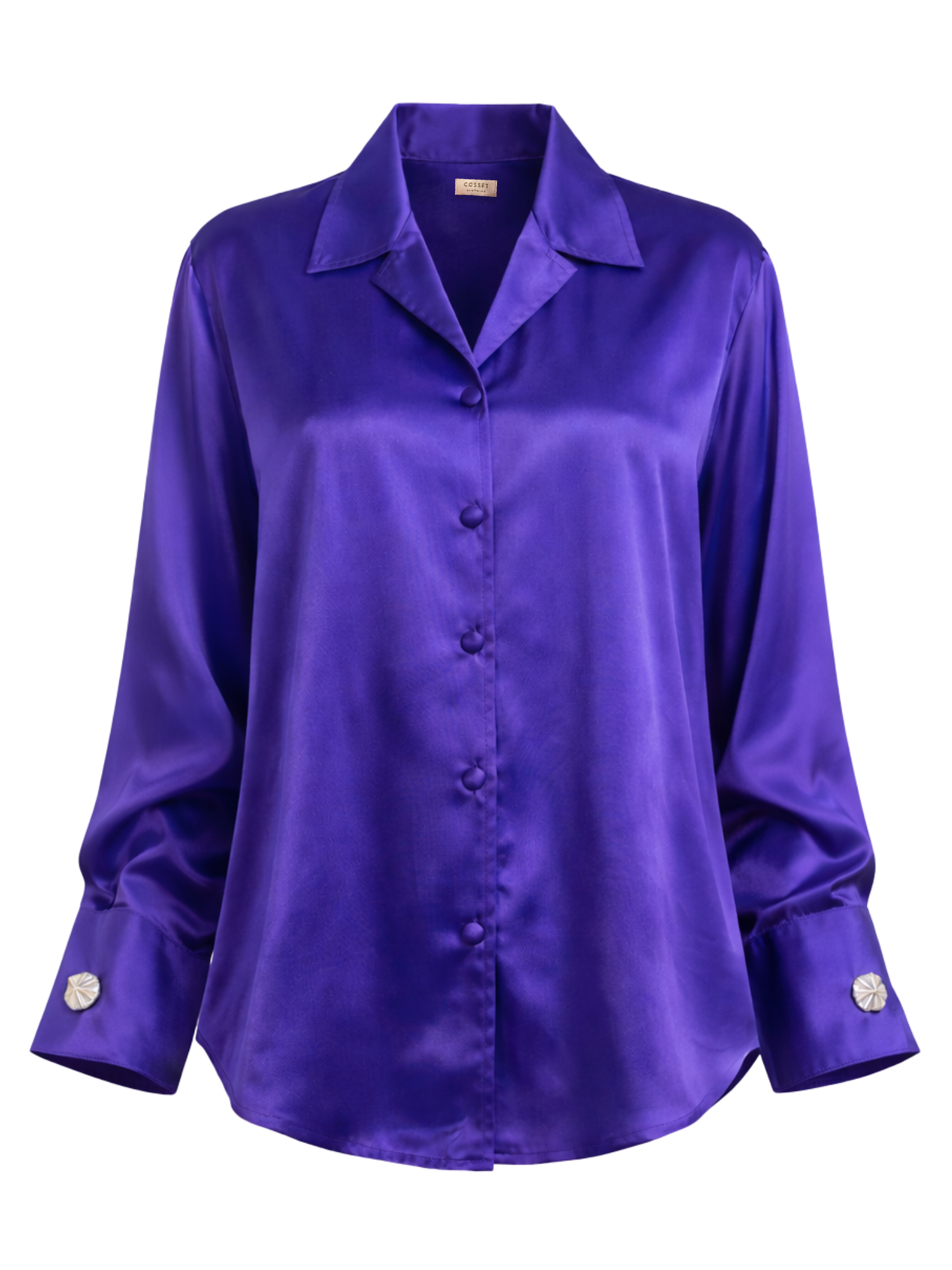 Button Embellished Satin Shirt in Mystic Blue
