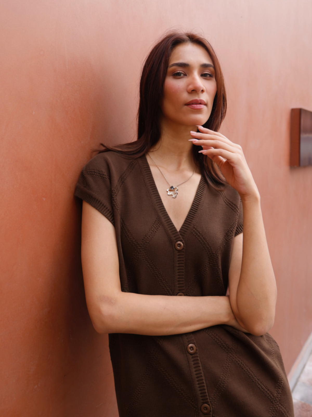 Knitted Vest Cardigan with Pants in Espresso