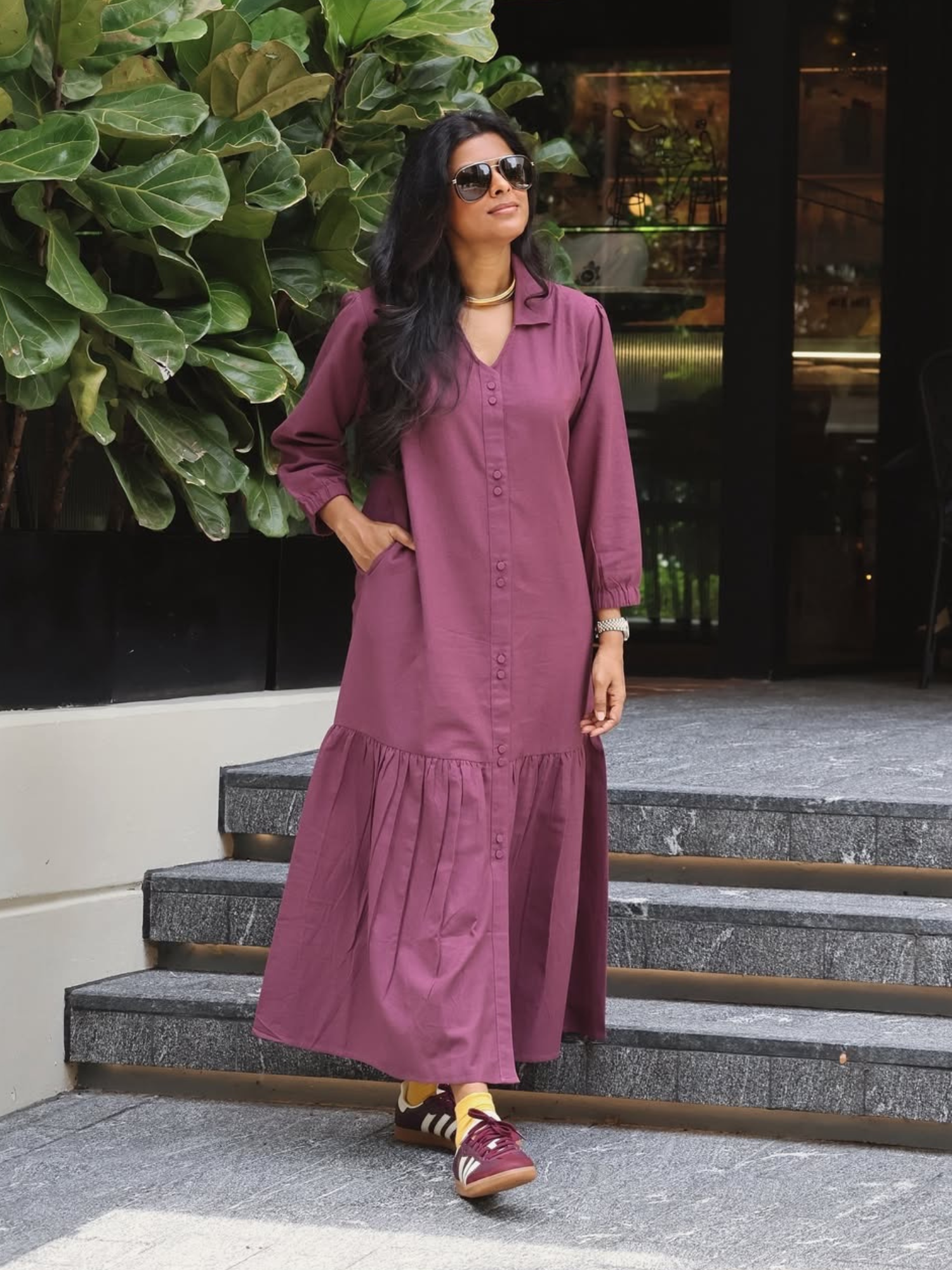 Linen Blend Maxi Tiered Dress in Plum