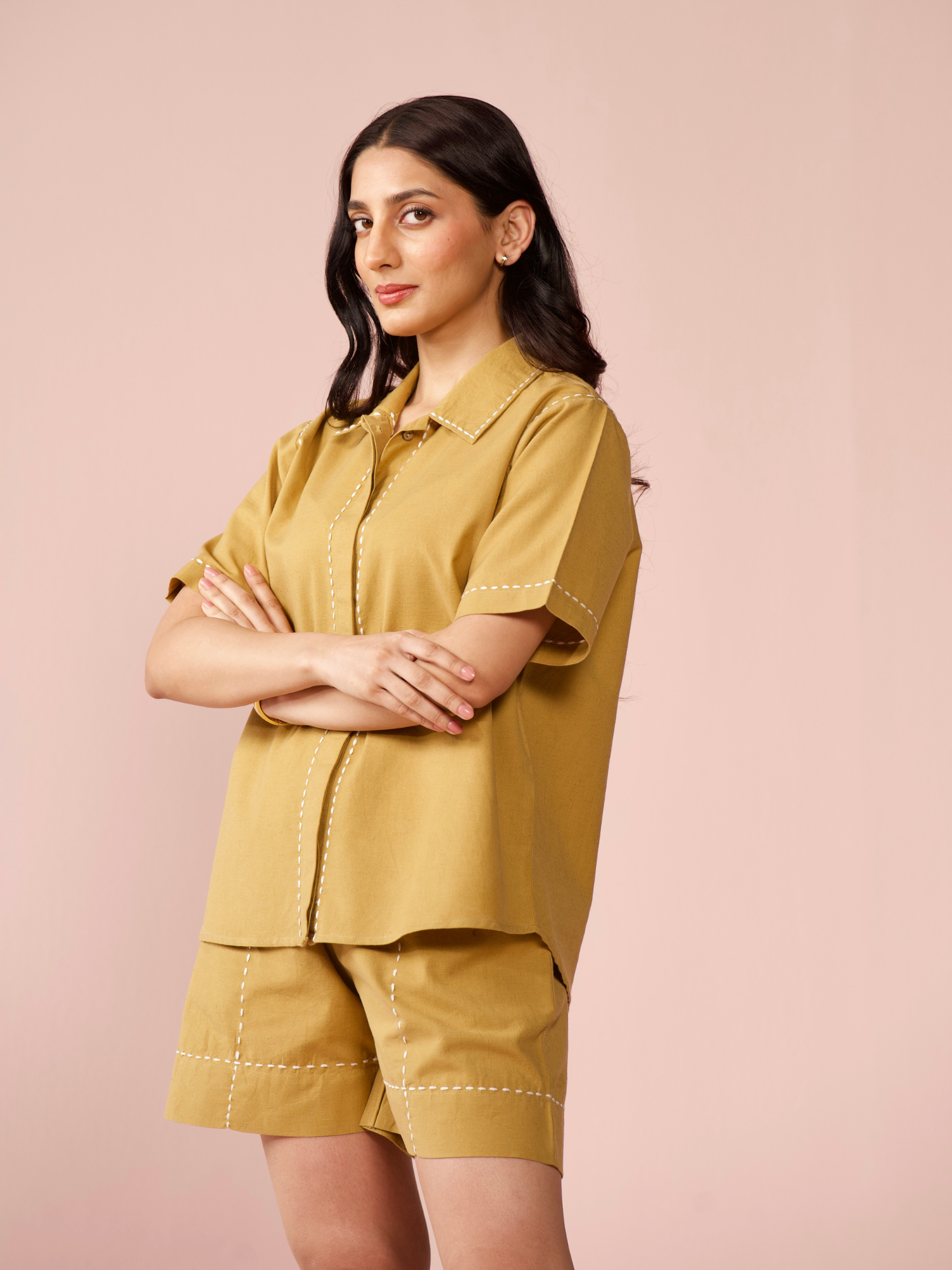 Drift Linen Blend Co-ord Set with Shorts in Caramel