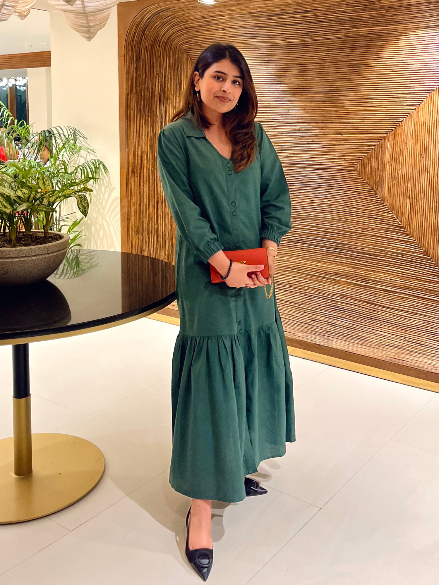 Linen Blend Maxi Tiered Dress in Forest Green