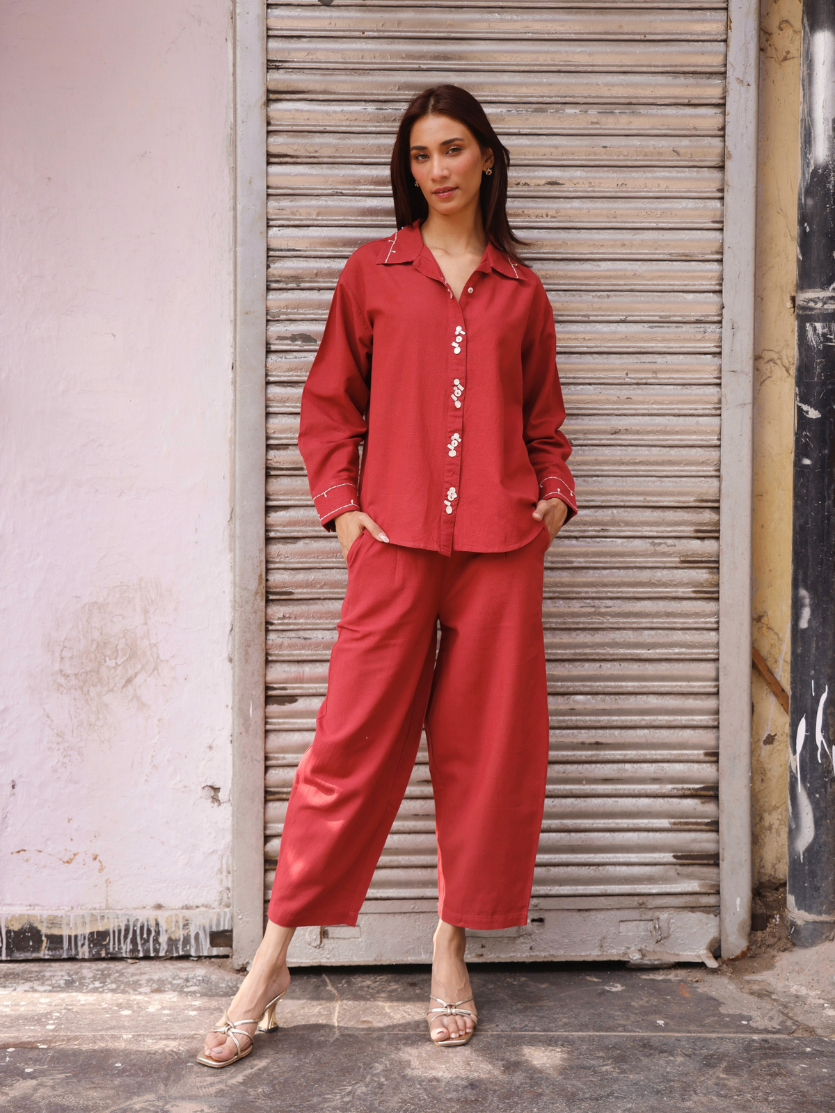 Embroidered Linen Blend Co-ord Set with Embellishments in Maroon