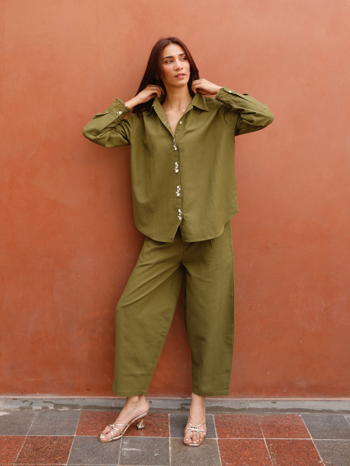 Embroidered Linen Blend Co-ord Set with Embellishments in Olive