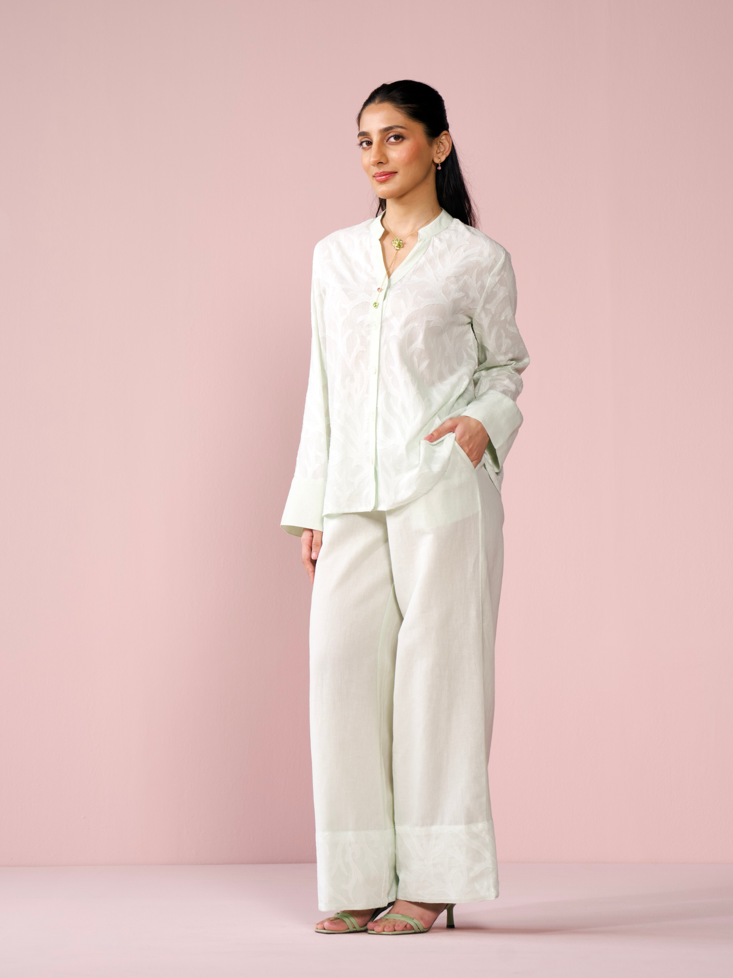Seaside Linen Blend Jacquard Co-ord Set in Mint