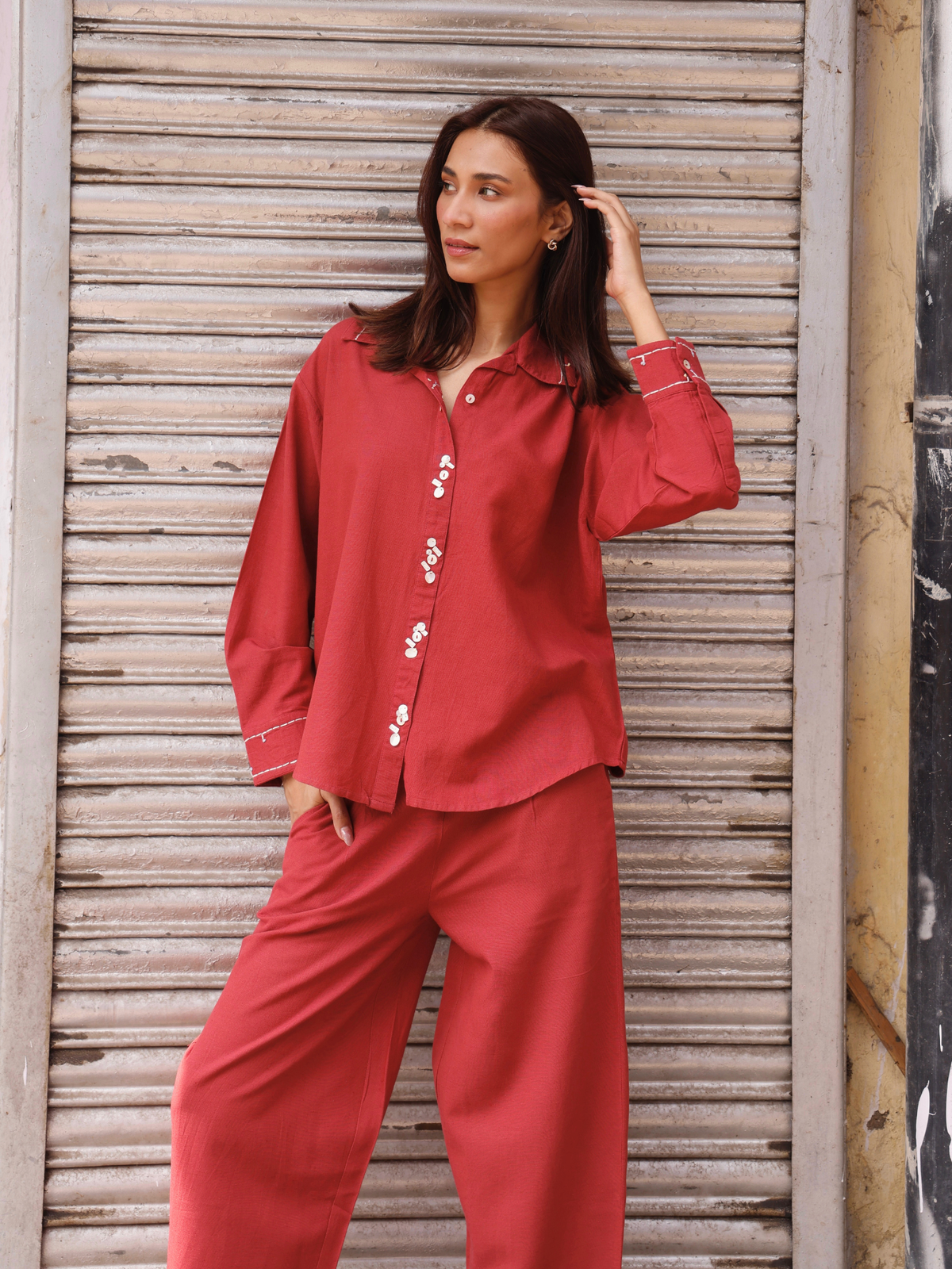 Embroidered Linen Blend Co-ord Set with Embellishments in Maroon