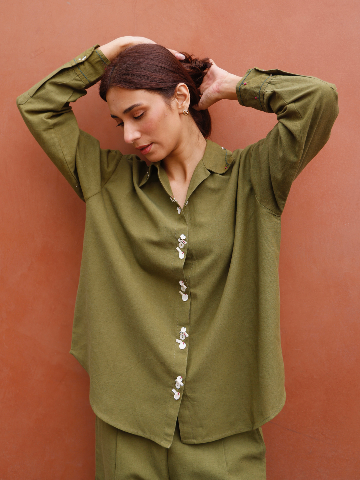 Embroidered Linen Blend Co-ord Set with Embellishments in Olive