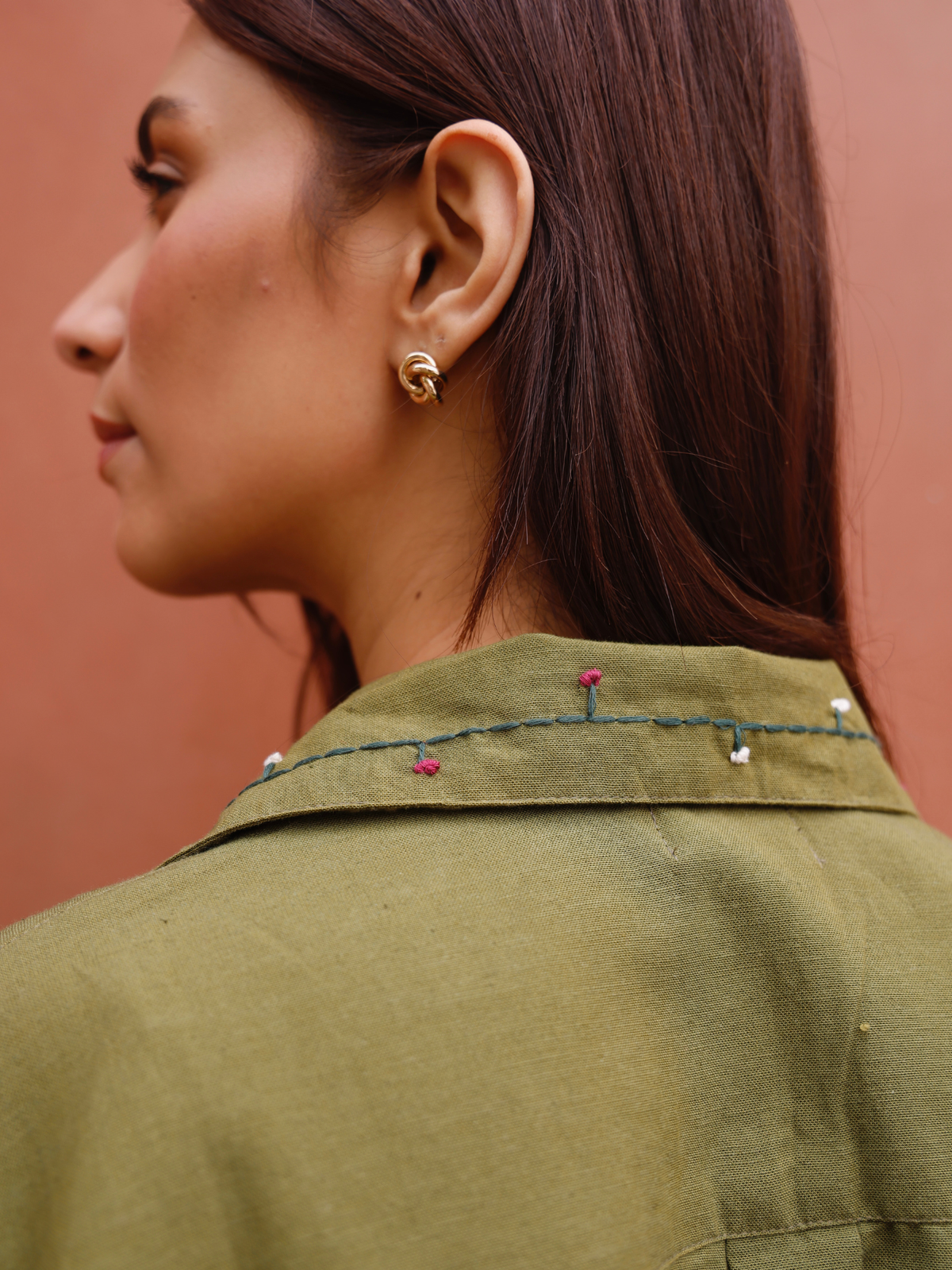 Embroidered Linen Blend Co-ord Set with Embellishments in Olive
