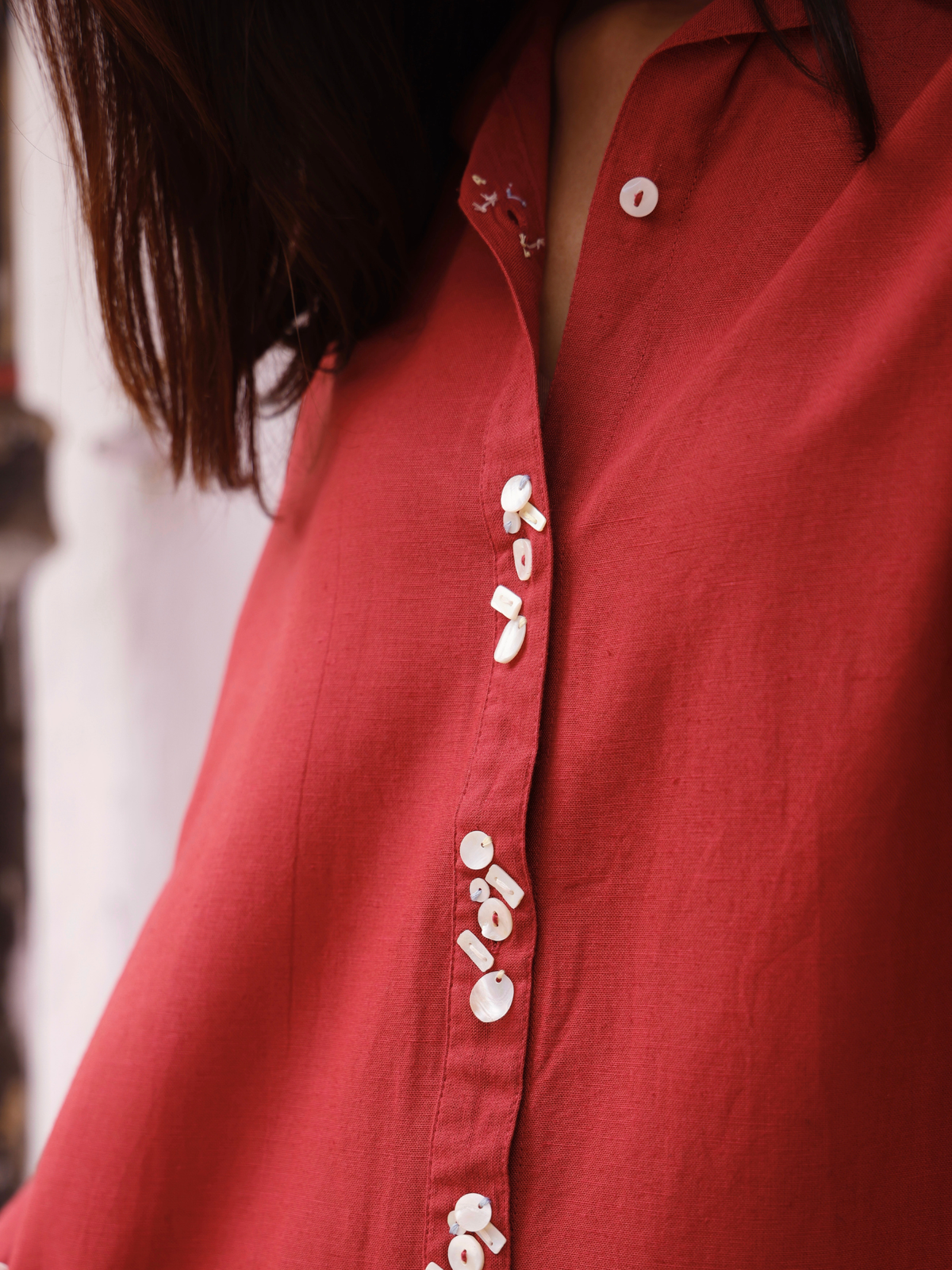 Embroidered Linen Blend Co-ord Set with Embellishments in Maroon
