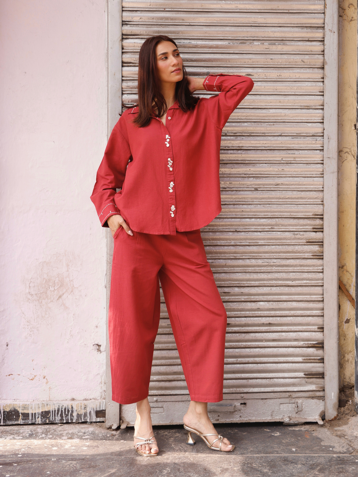 Embroidered Linen Blend Co-ord Set with Embellishments in Maroon