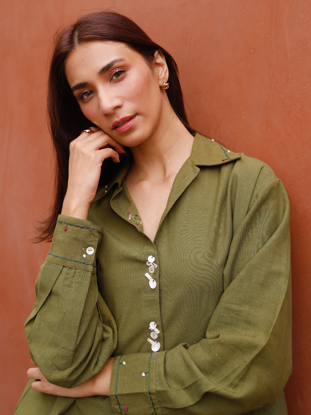 Embroidered Linen Blend Co-ord Set with Embellishments in Olive