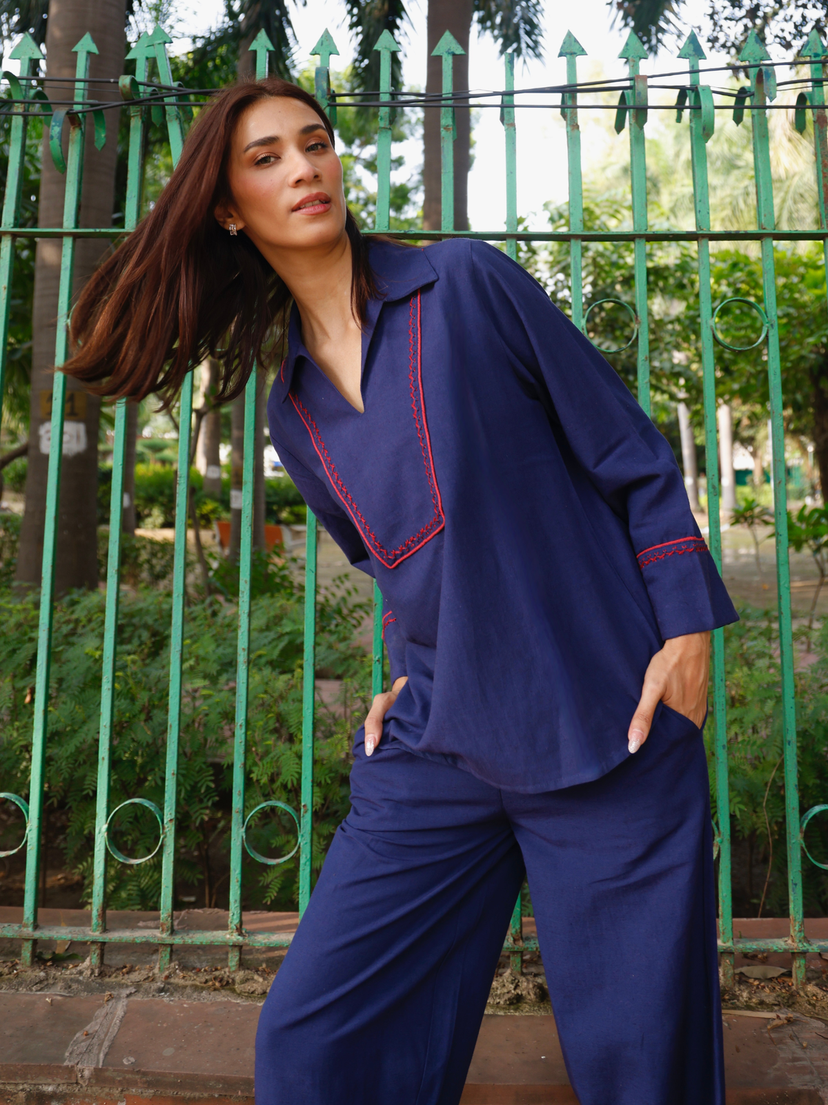 Cross-Stitch Linen Blend Co-ord Set in Navy Blue