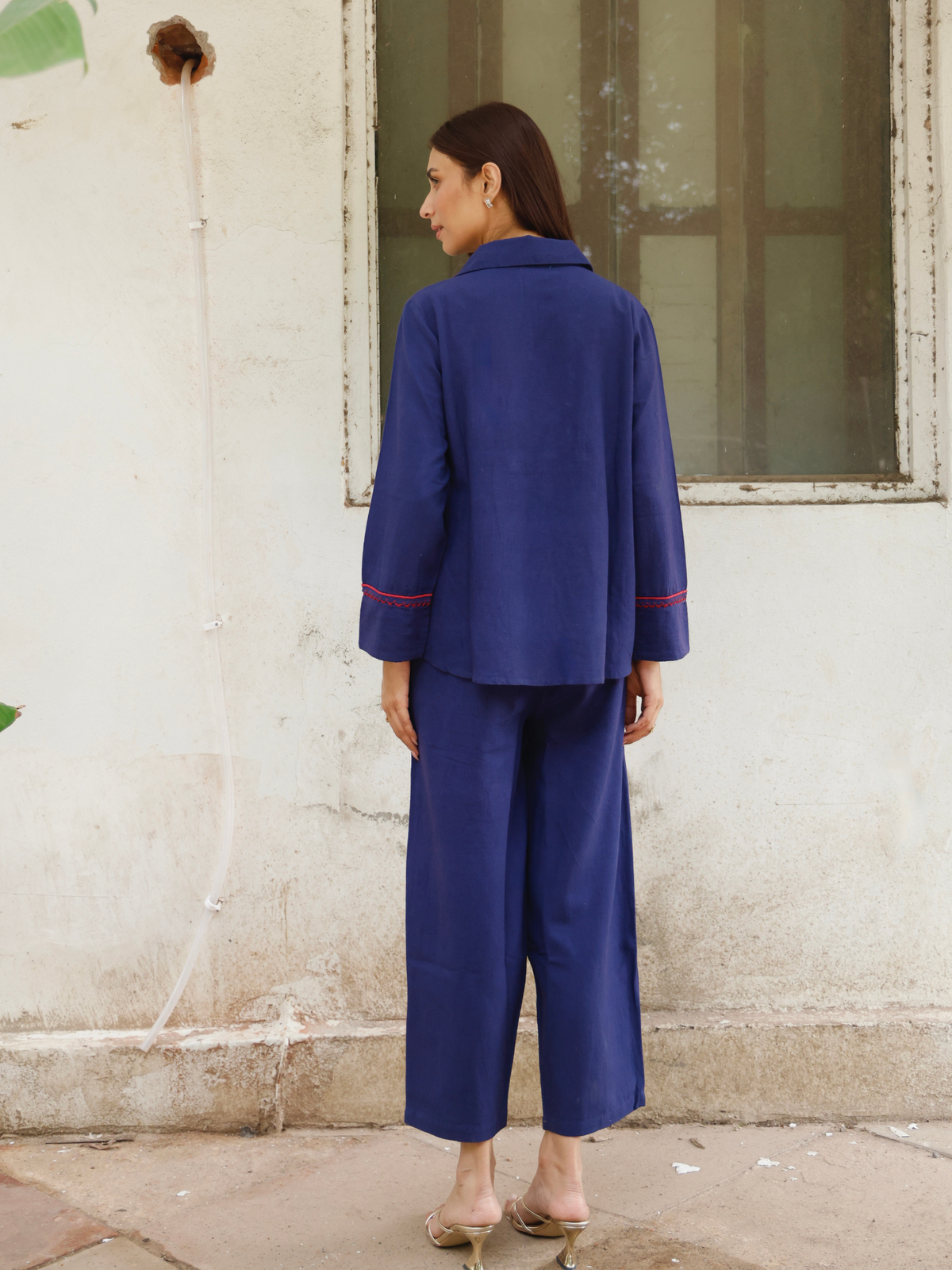 Cross-Stitch Linen Blend Co-ord Set in Navy Blue