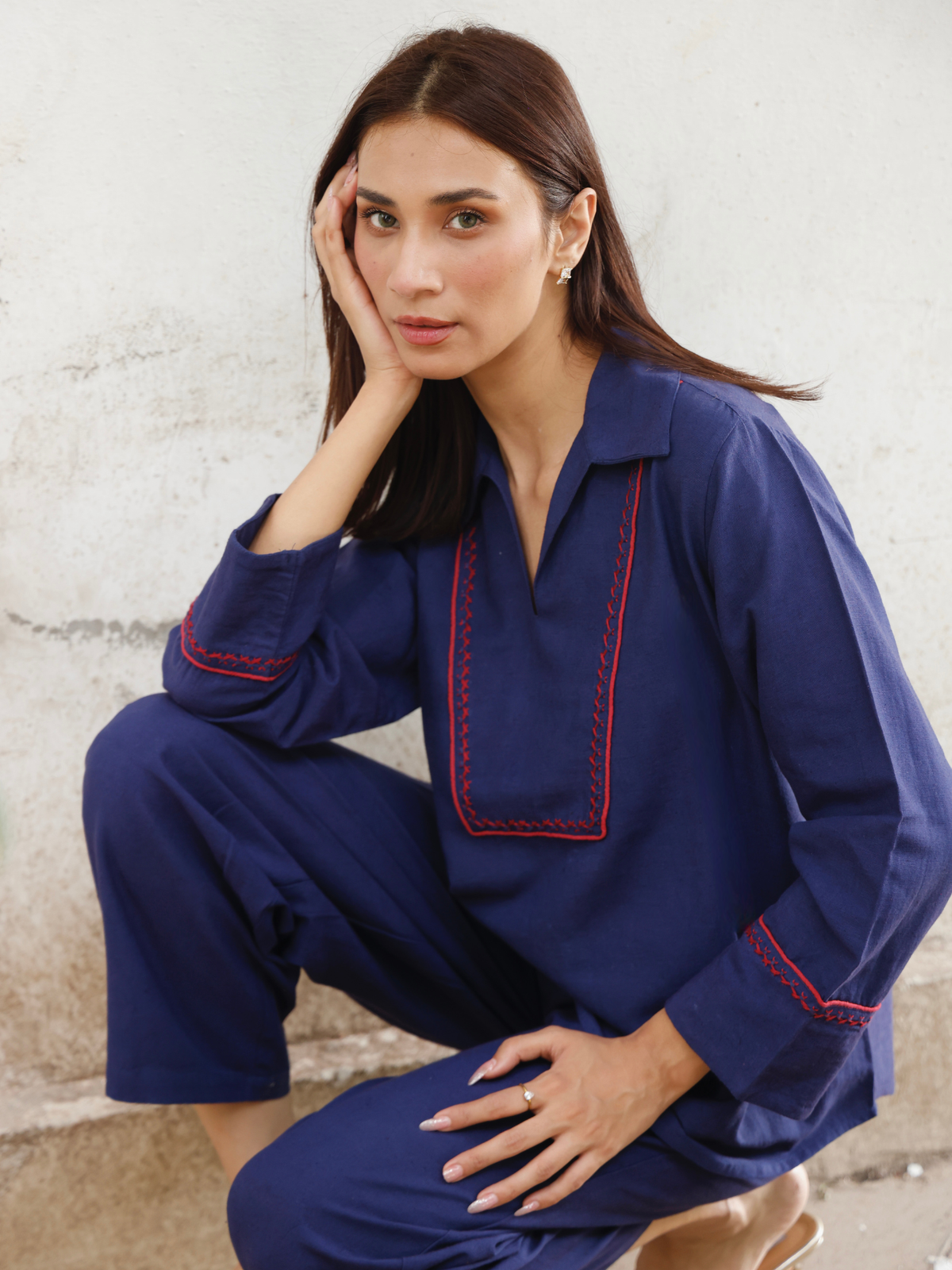 Cross-Stitch Linen Blend Co-ord Set in Navy Blue
