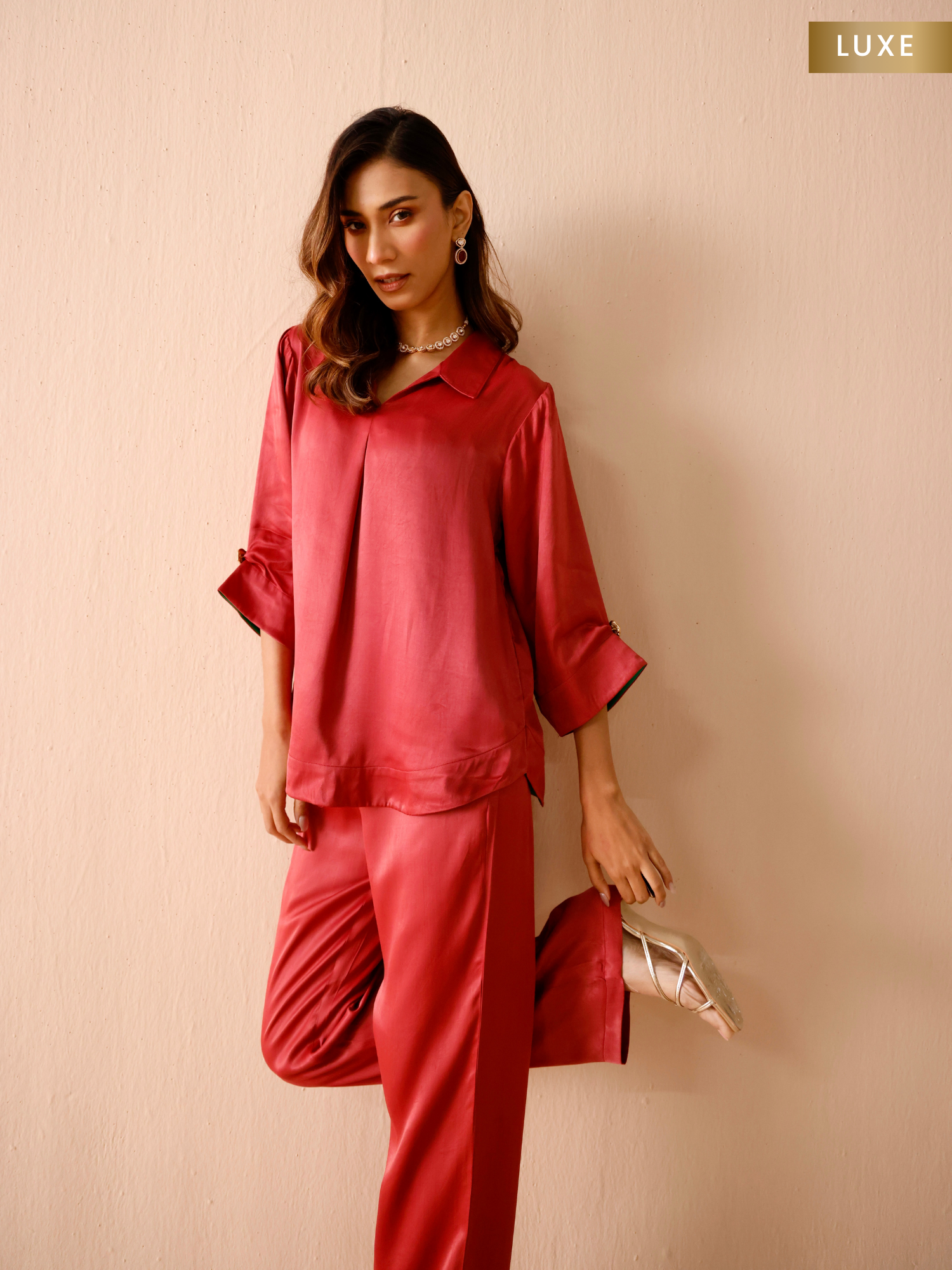 Satin Skipper Collar Top in Maroon