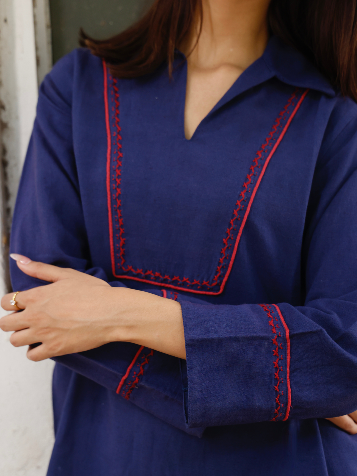 Cross-Stitch Linen Blend Co-ord Set in Navy Blue