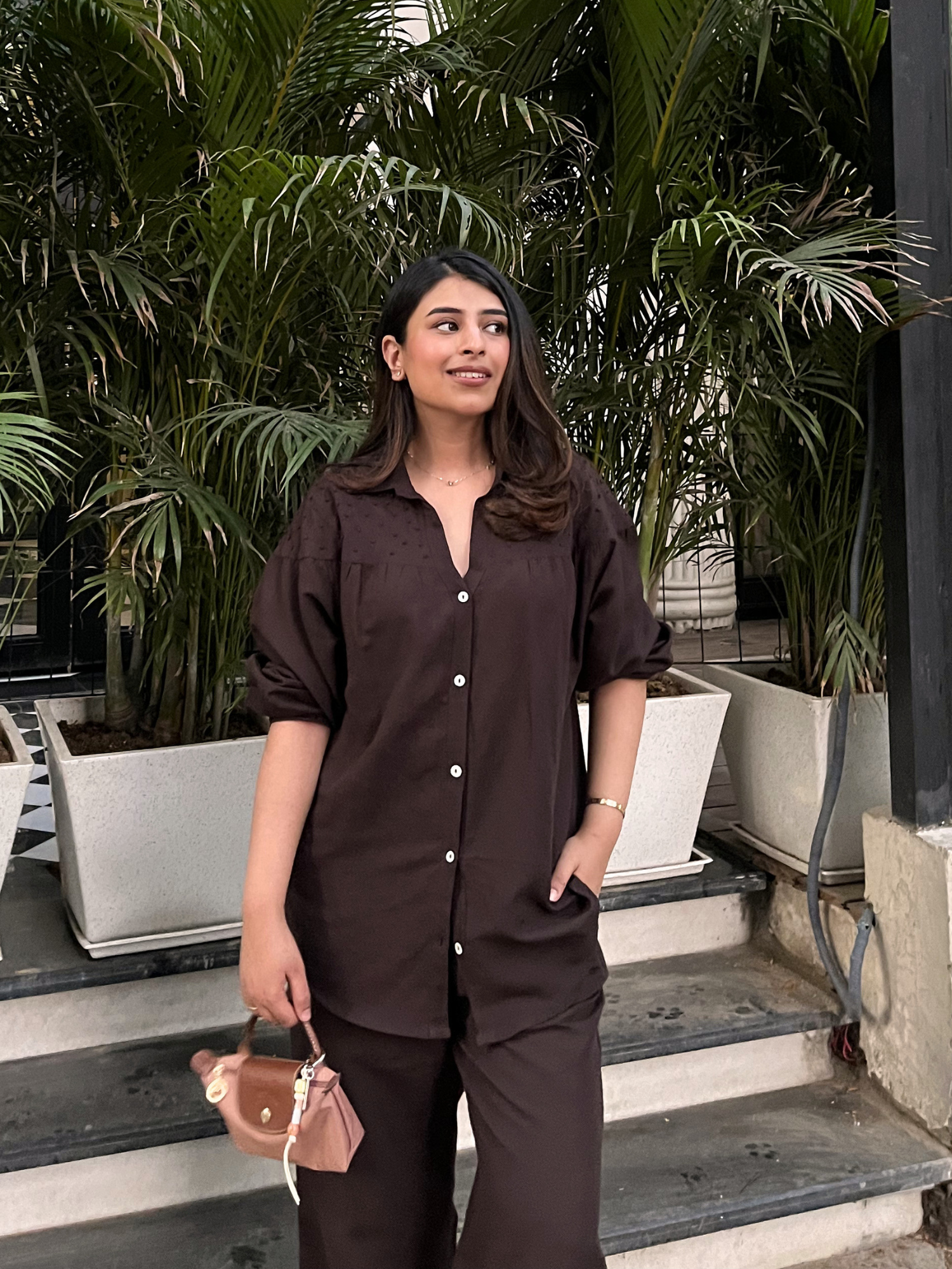 Premium Linen Co-ord Set with French Knots in Espresso