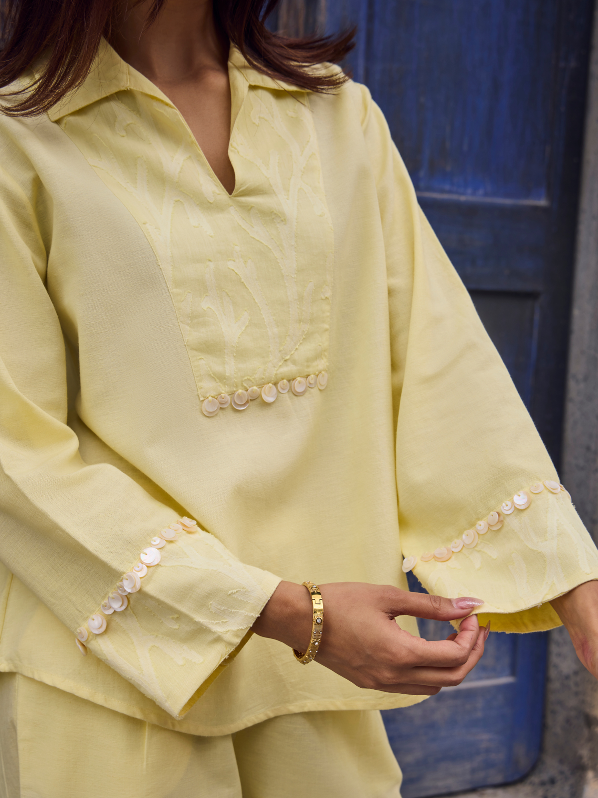 Embellished Jacquard Linen Blend Co-ord Set in Butter