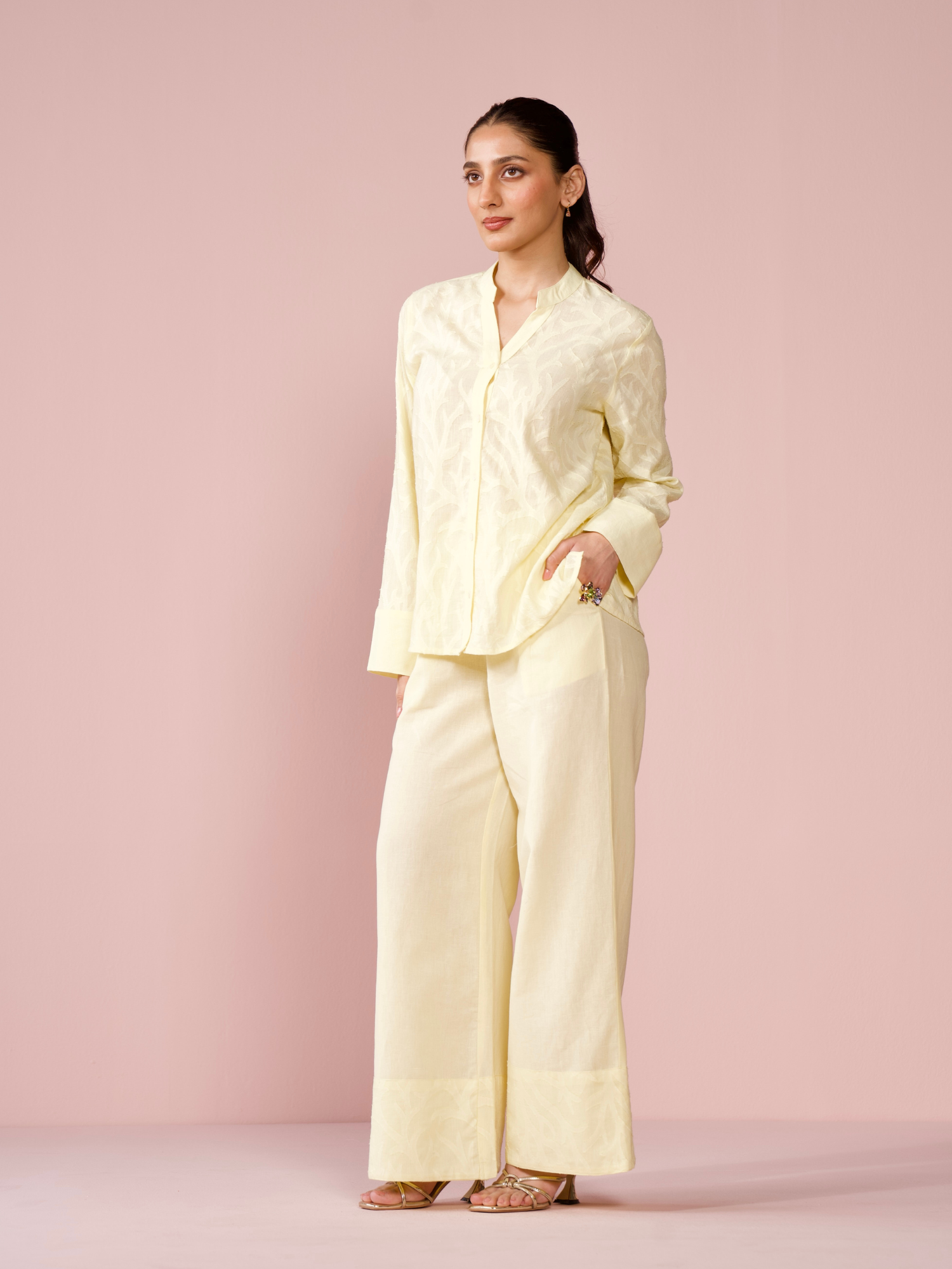 Seaside Linen Blend Jacquard Co-ord Set in Butter