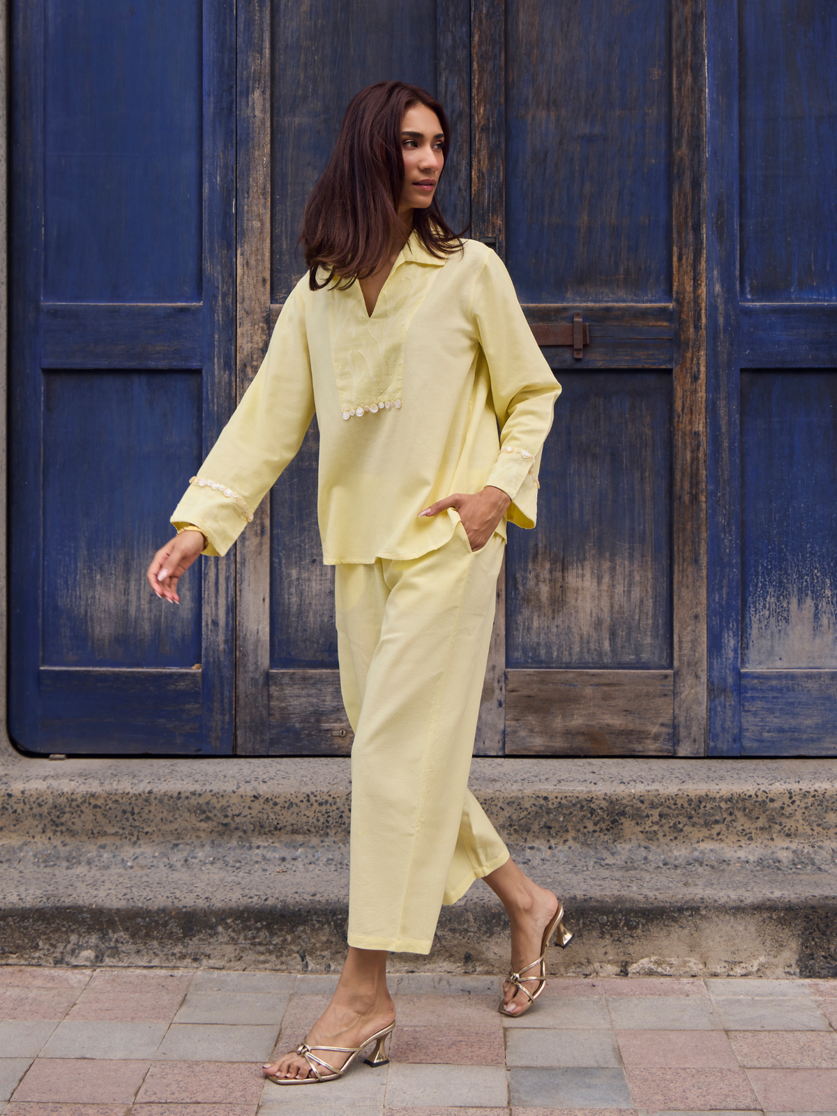 Embellished Jacquard Linen Blend Co-ord Set in Butter