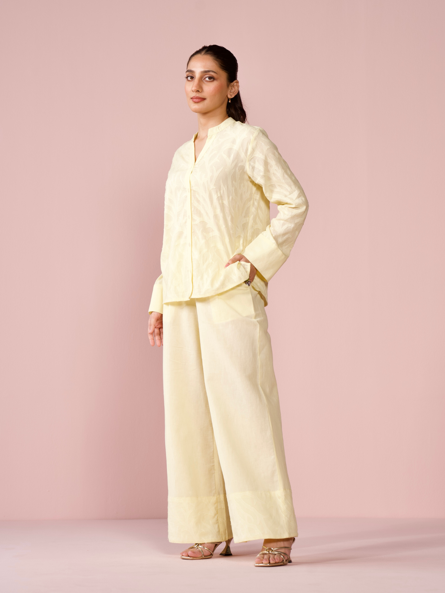 Seaside Linen Blend Jacquard Co-ord Set in Butter