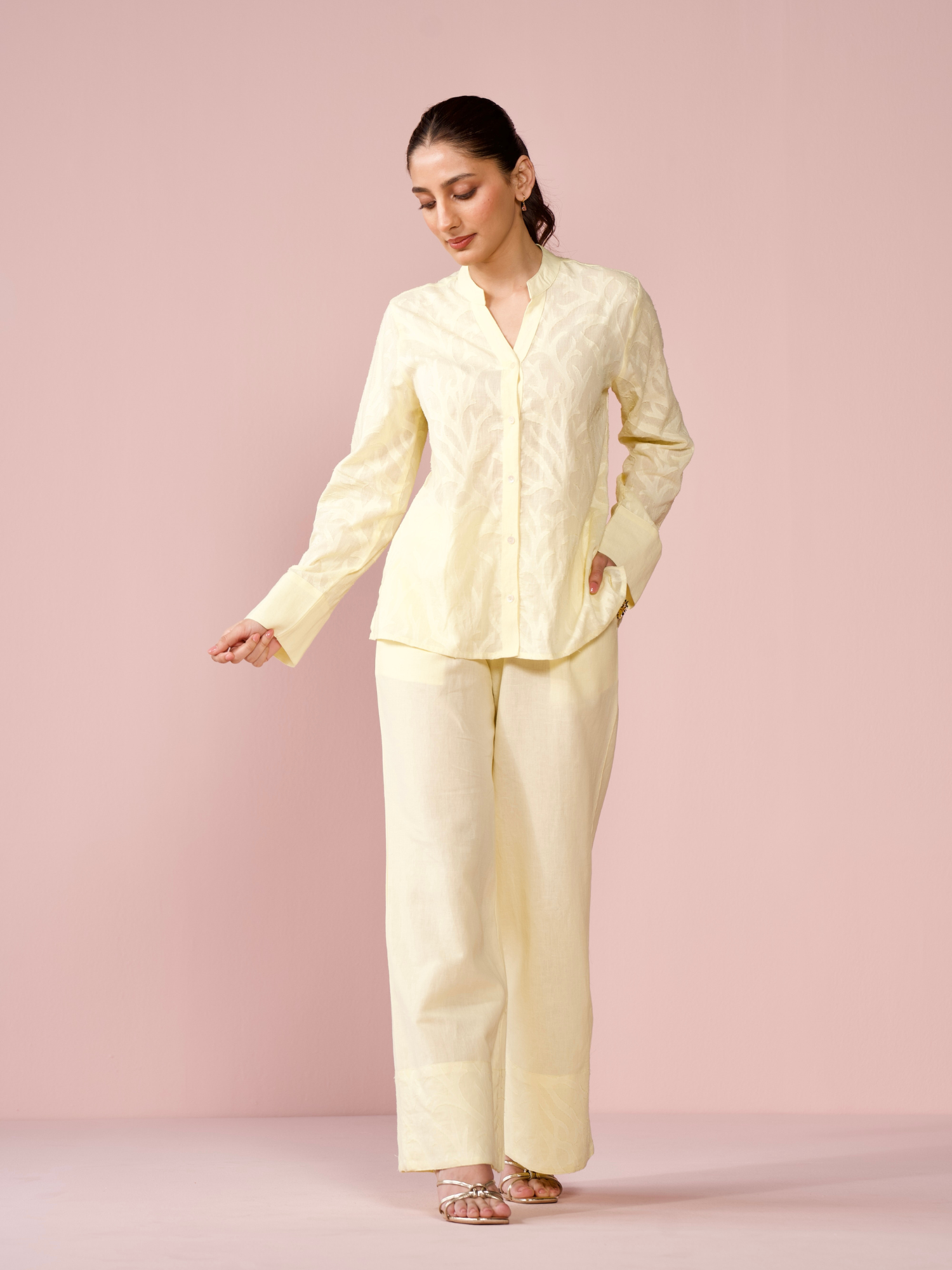 Seaside Linen Blend Jacquard Co-ord Set in Butter