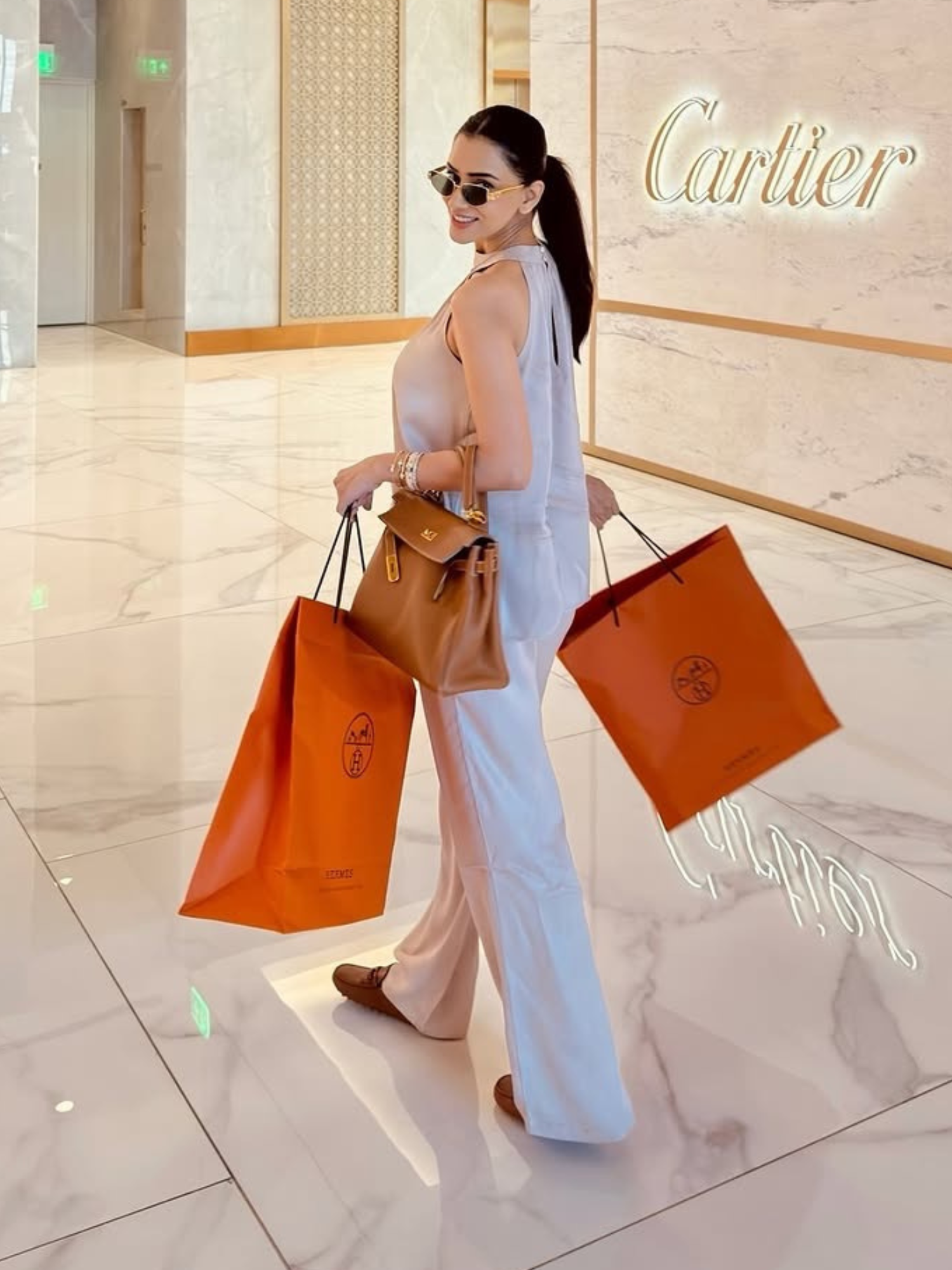 Smriti Khanna in custom Satin Halterneck Top in Silver Taupe