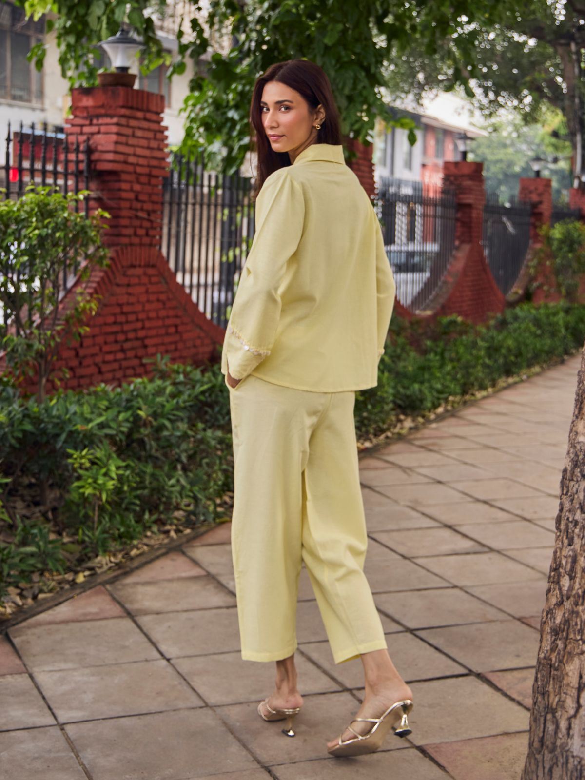 Embellished Jacquard Linen Blend Co-ord Set in Butter
