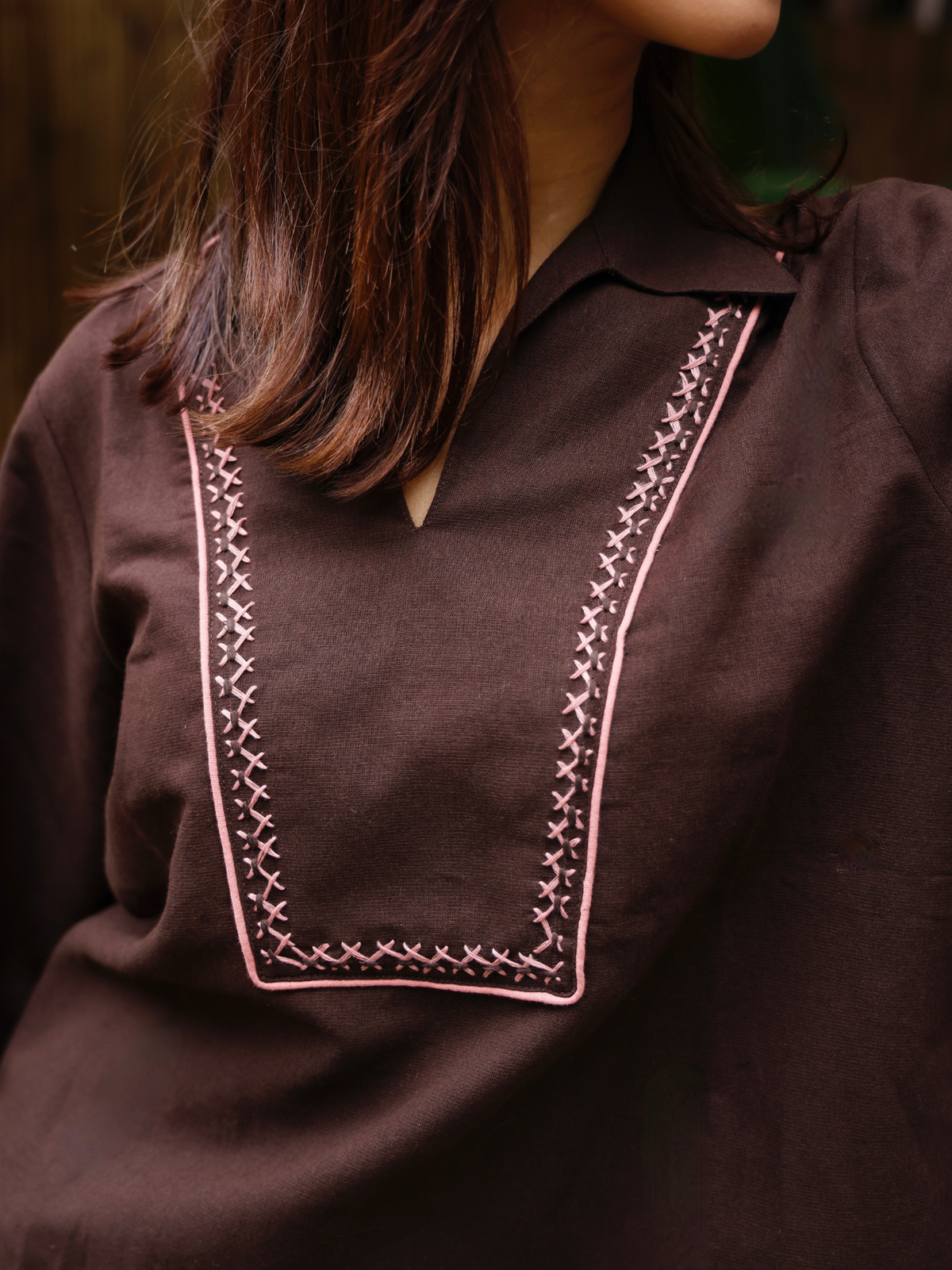 Cross-Stitch Linen Blend Co-ord Set in Espresso