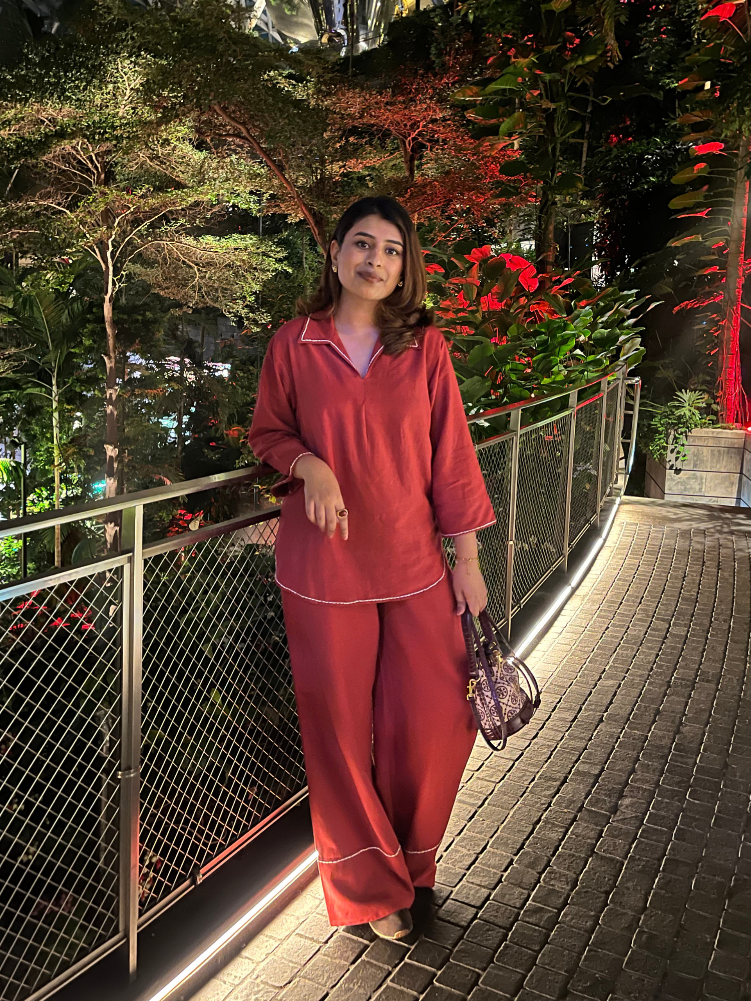 Linen Blend Skipper Collar Co-ord Set in Maroon