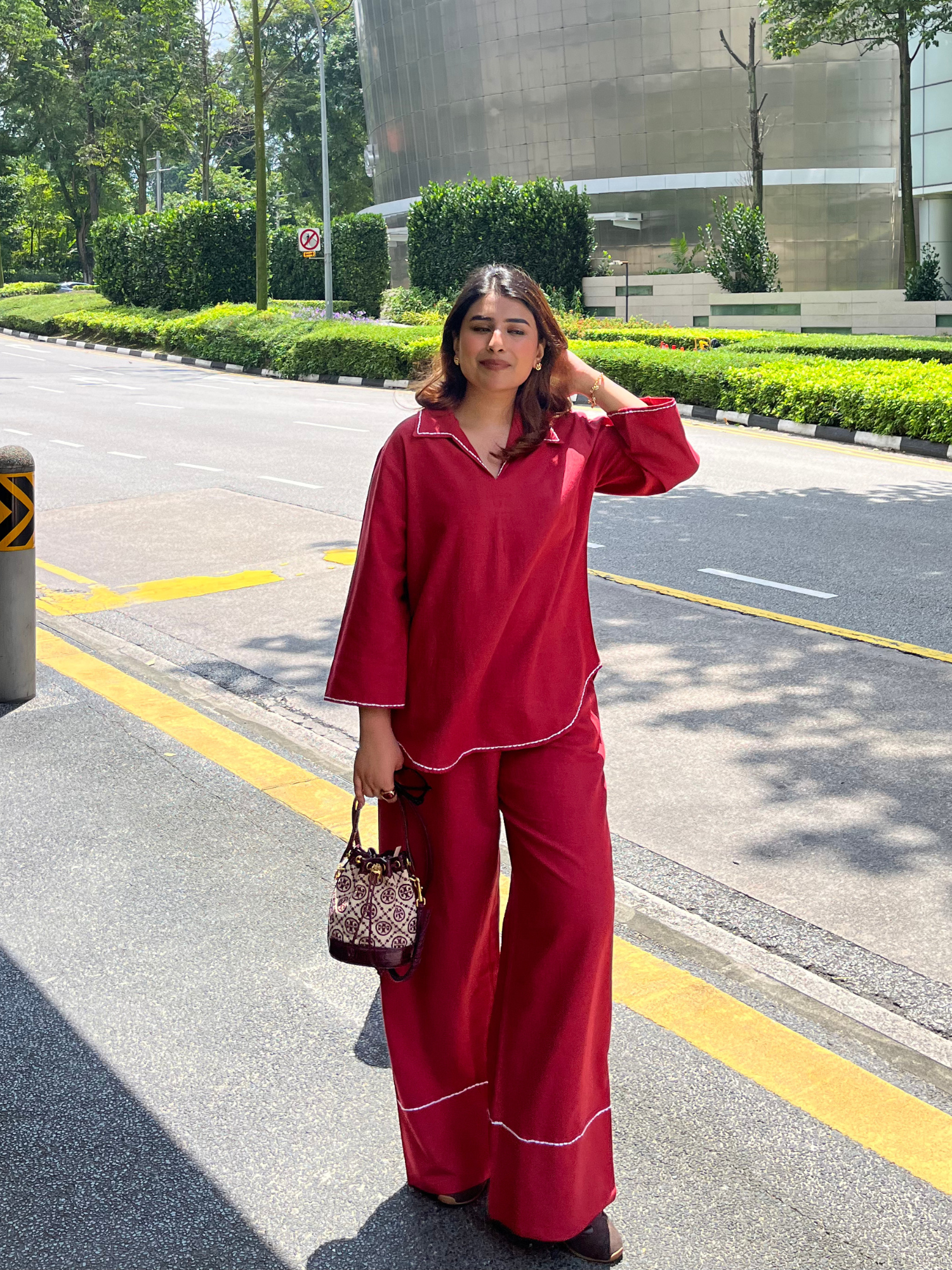 Linen Blend Skipper Collar Co-ord Set in Maroon